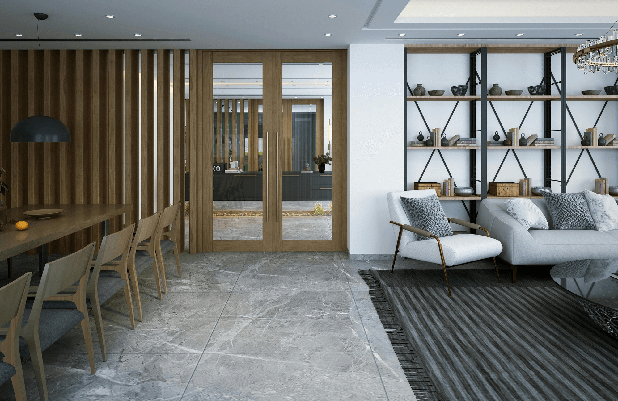 Modern dining and lounge area featuring sleek gray marble look floor tiles and a textured charcoal rug under plush seating.