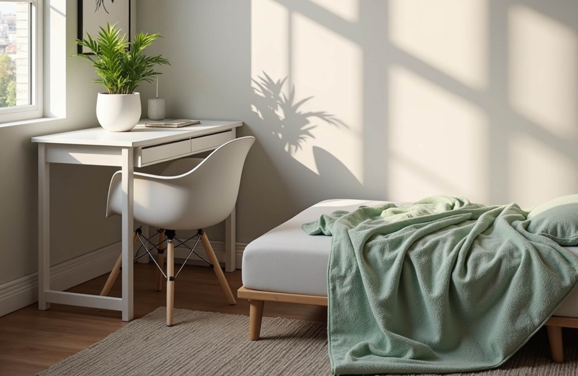 null Bright small room featuring a beige area rug, mint green bedding, and a sleek white desk, styled to maximize natural light and create an open, calming layout.