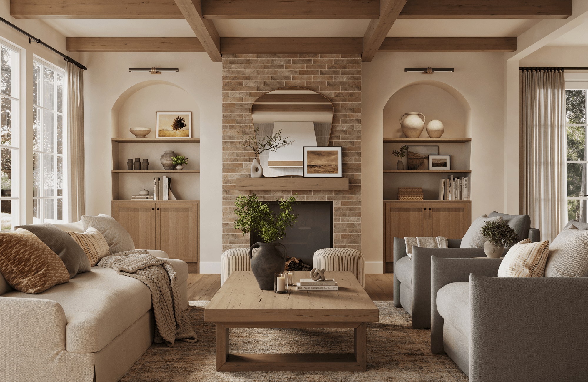 Warm and inviting living room with a central brick fireplace, arched alcoves, and an arched mirror above the mantel.