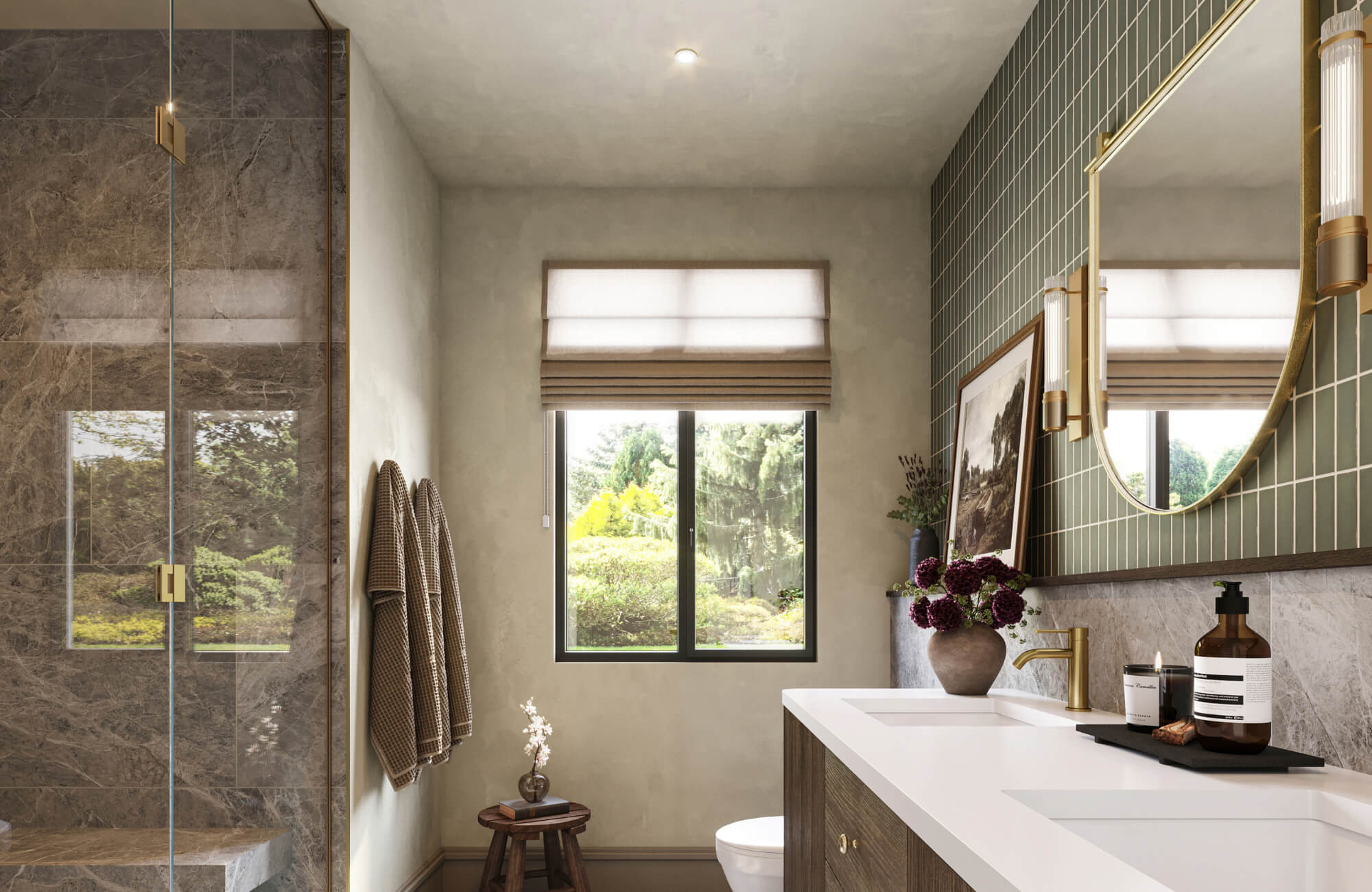 Bathroom with a glass shower, wood vanity, round mirror, and window with Roman shade bringing natural light into the modern space.