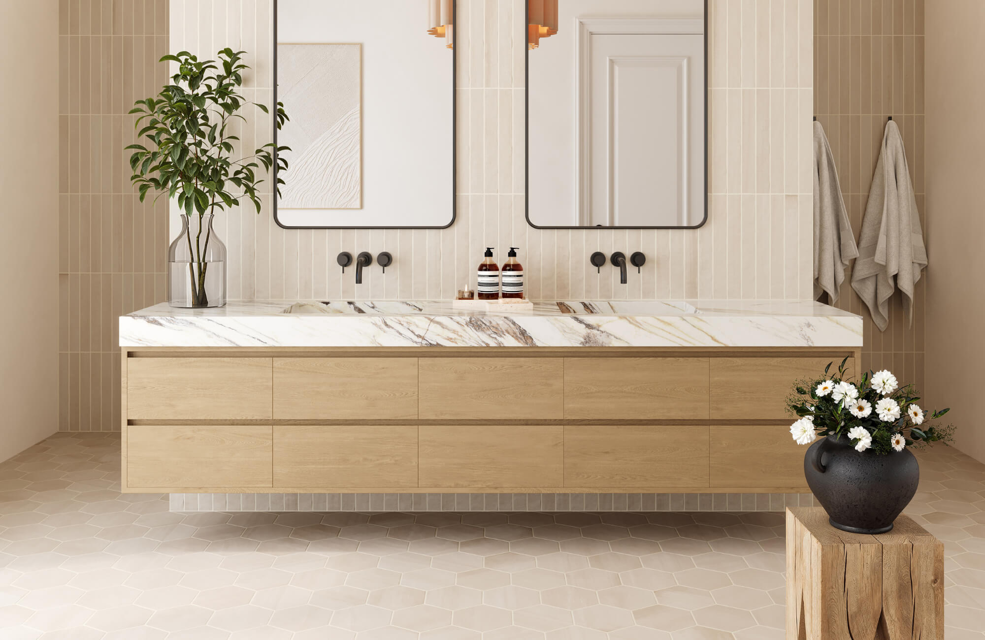 Contemporary bathroom with floating wood vanity, marble countertop, beige hexagon tile floor, vertical wall tiles, and minimalist black fixtures.