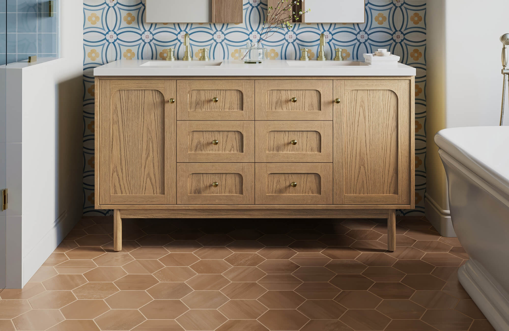null Bathroom with wood vanity, patterned backsplash, and warm terracotta hexagon tile flooring creating a modern rustic design contrast.