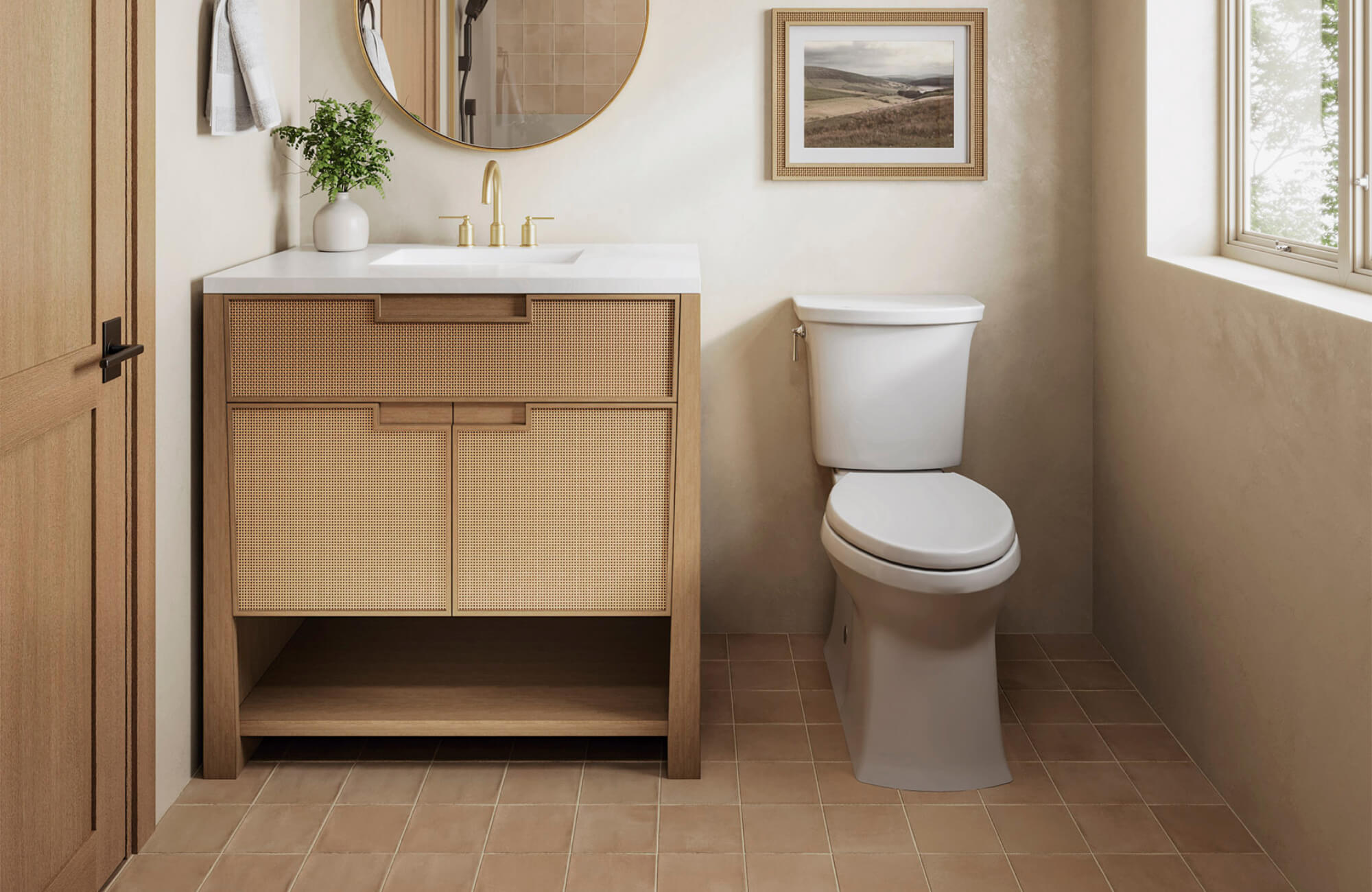 null Bathroom with terracotta square tile flooring, wood vanity with white countertop, round mirror, and natural light from window.