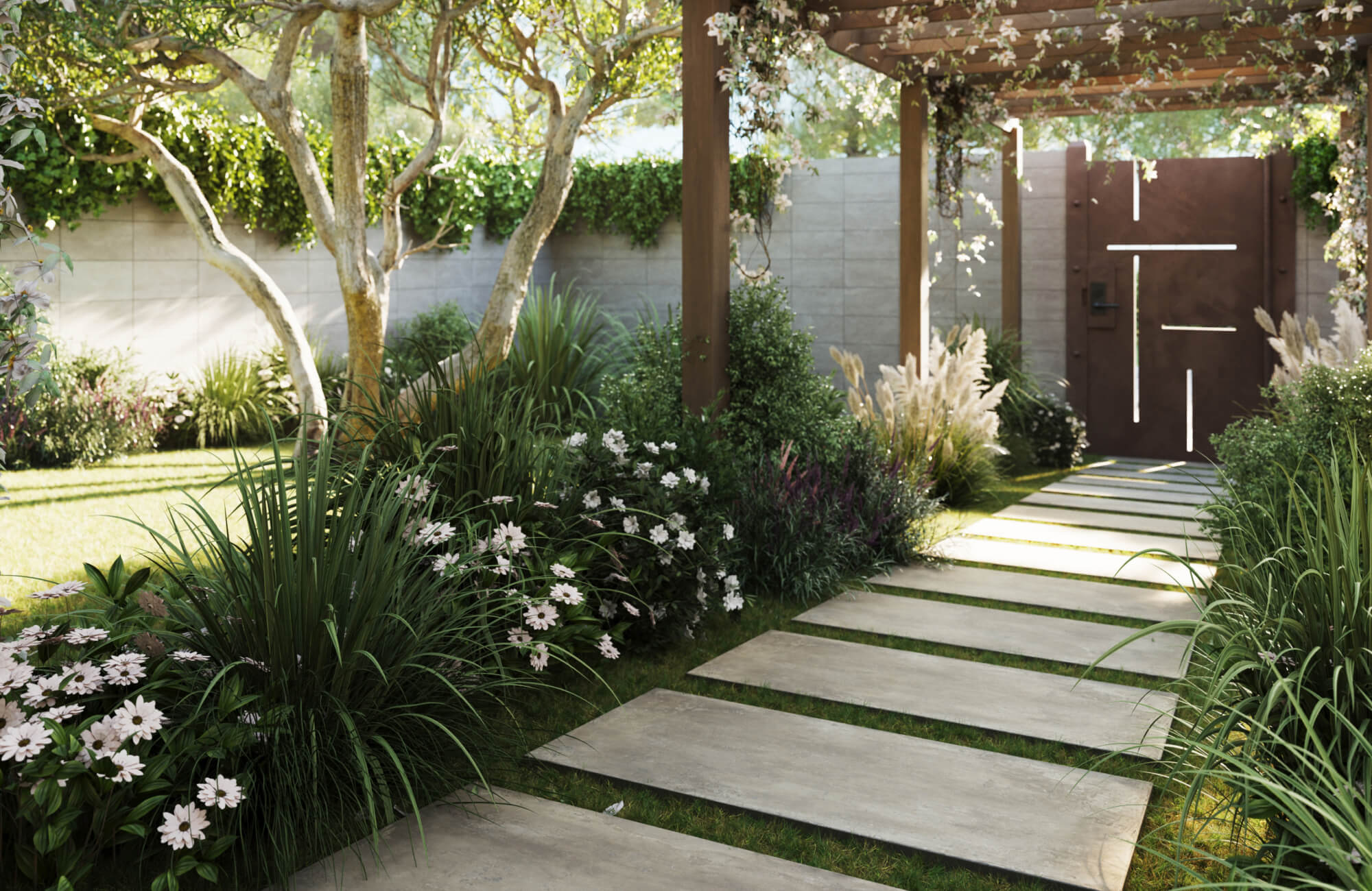 Stepping-stone porcelain tiles create a clean pathway through a lush, flowering garden with trees and trellis accents.