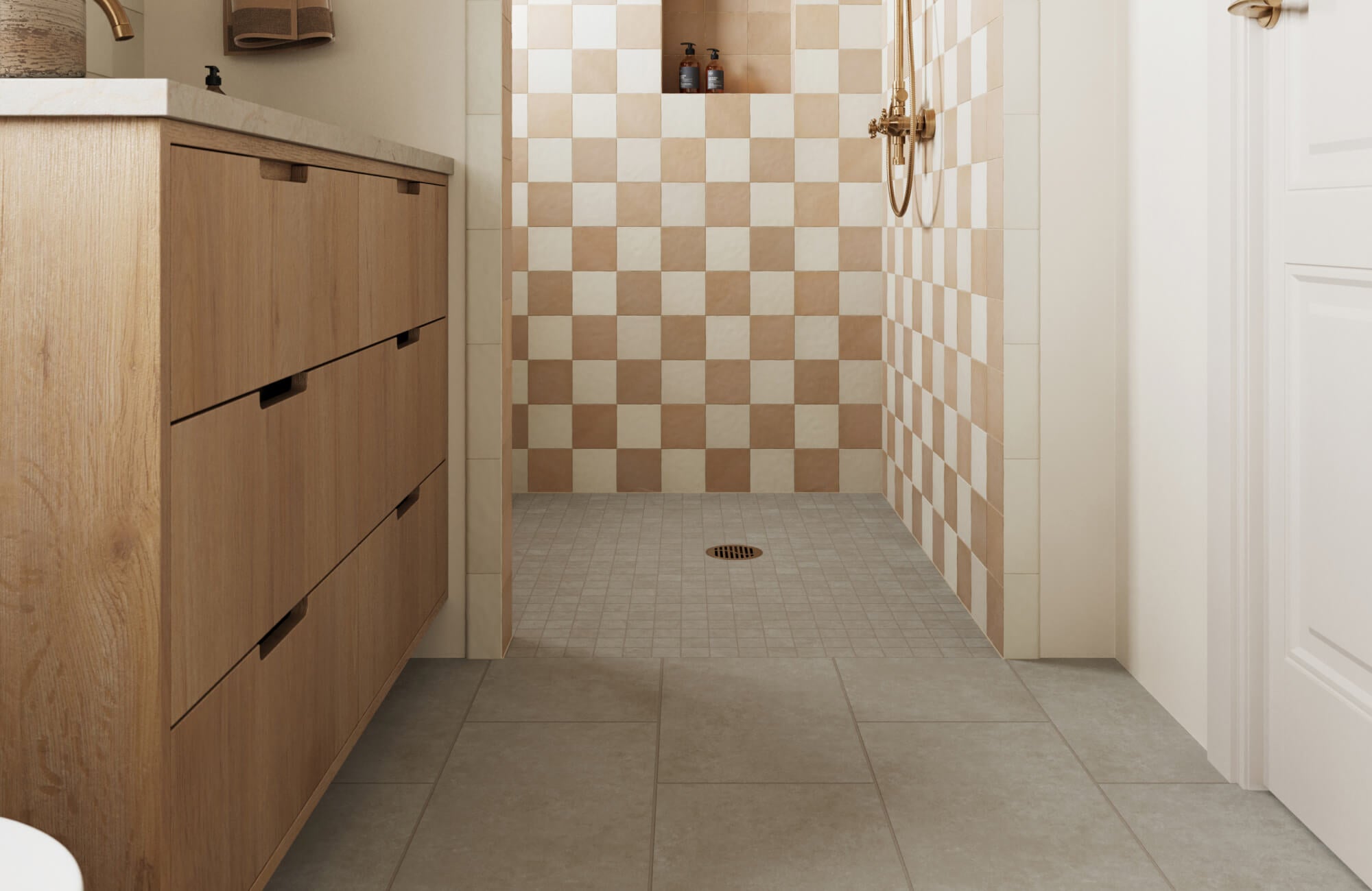 null Bathroom with soft cement look floor tiles and a warm checkered shower wall in beige and terracotta tones for a cozy, modern feel.