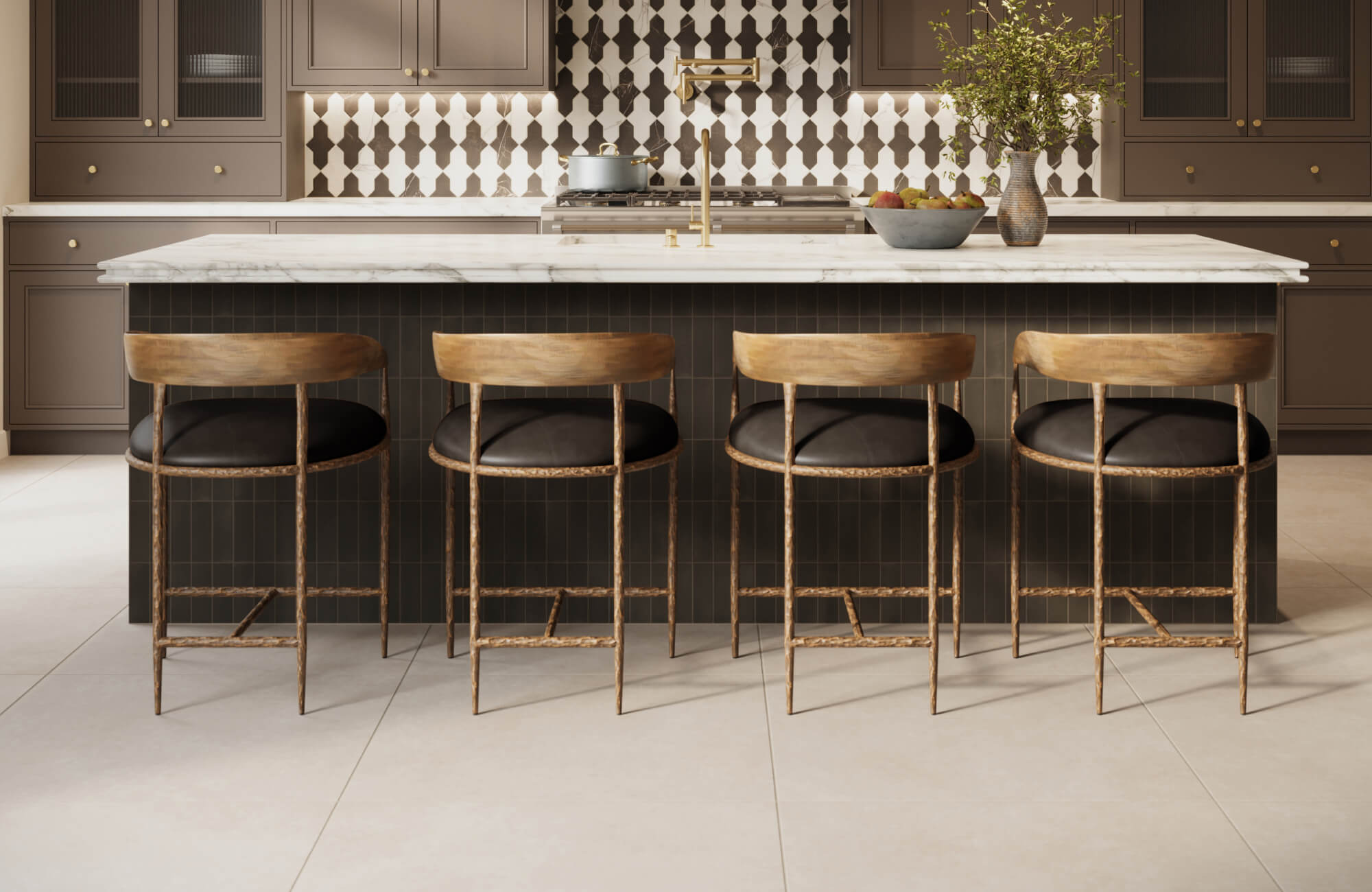 null Elegant kitchen with creamy large format cement look floor tiles, a bold geometric backsplash, and a marble island accented by warm wood and brass finishes.
