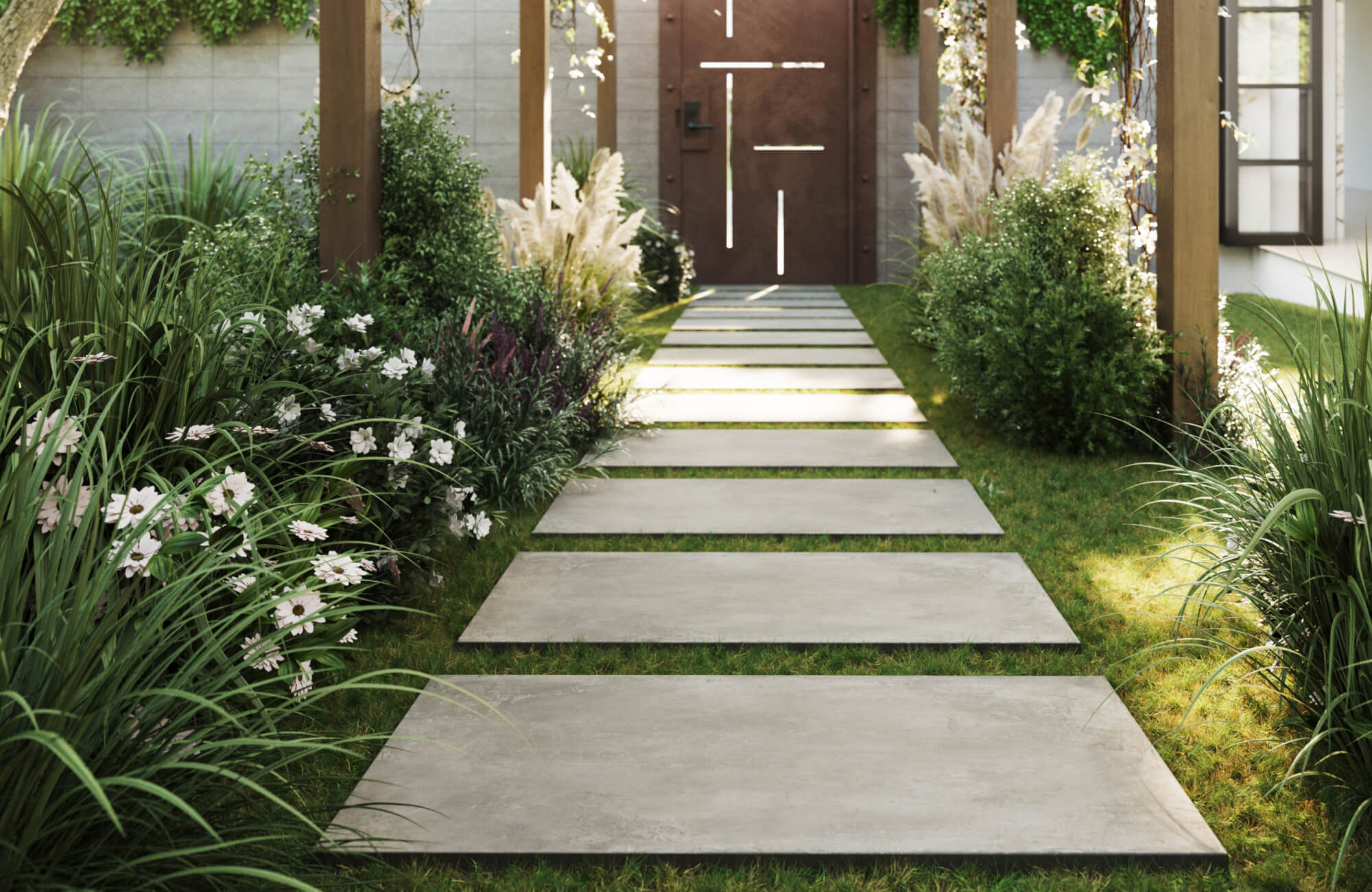 null Modern garden path with large cement look pavers set in lush grass, framed by blooming flowers and structured greenery
