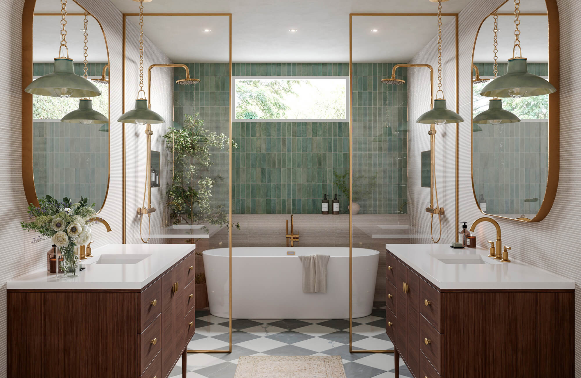 null Elegant bathroom with dual vanities, brass fixtures, green tile shower walls, pendant lighting, and a freestanding tub under natural light.