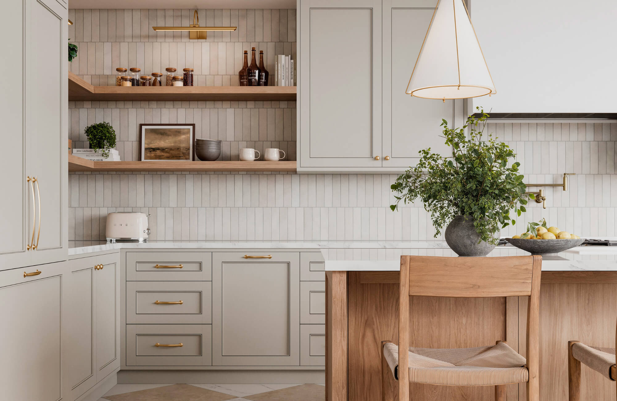 null Warm, neutral-toned kitchen with open wood shelving, brass hardware, vertical tile backsplash, and soft pendant lighting over the island.