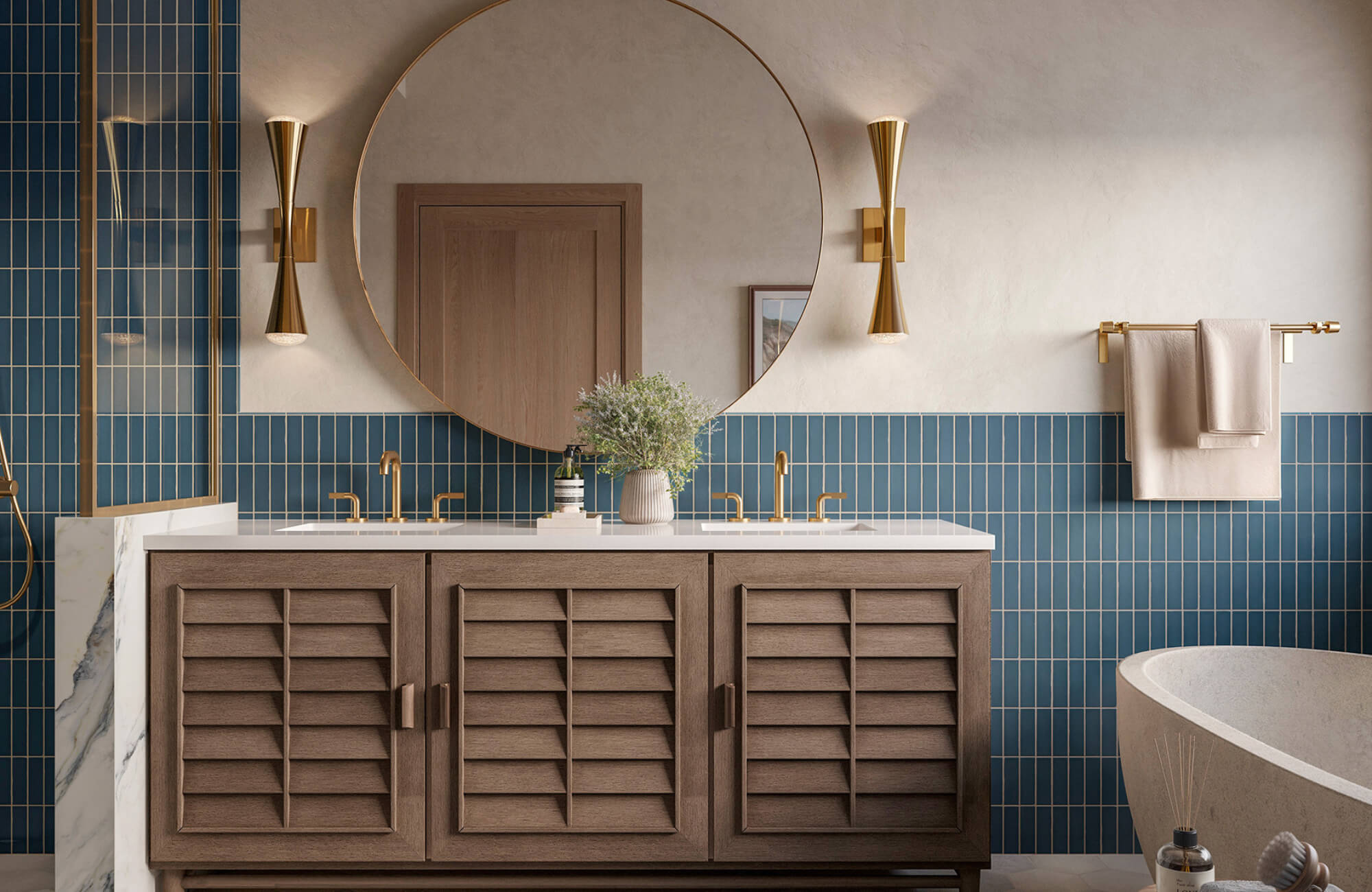 null Contemporary bathroom with blue vertical tile, wood vanity with louvered doors, brass fixtures, and a large round mirror with wall sconces.
