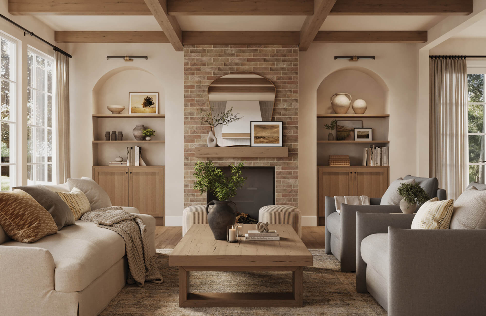 null Cozy living room with exposed beams, brick fireplace, neutral furniture, built-in shelves, and natural light streaming through tall windows.