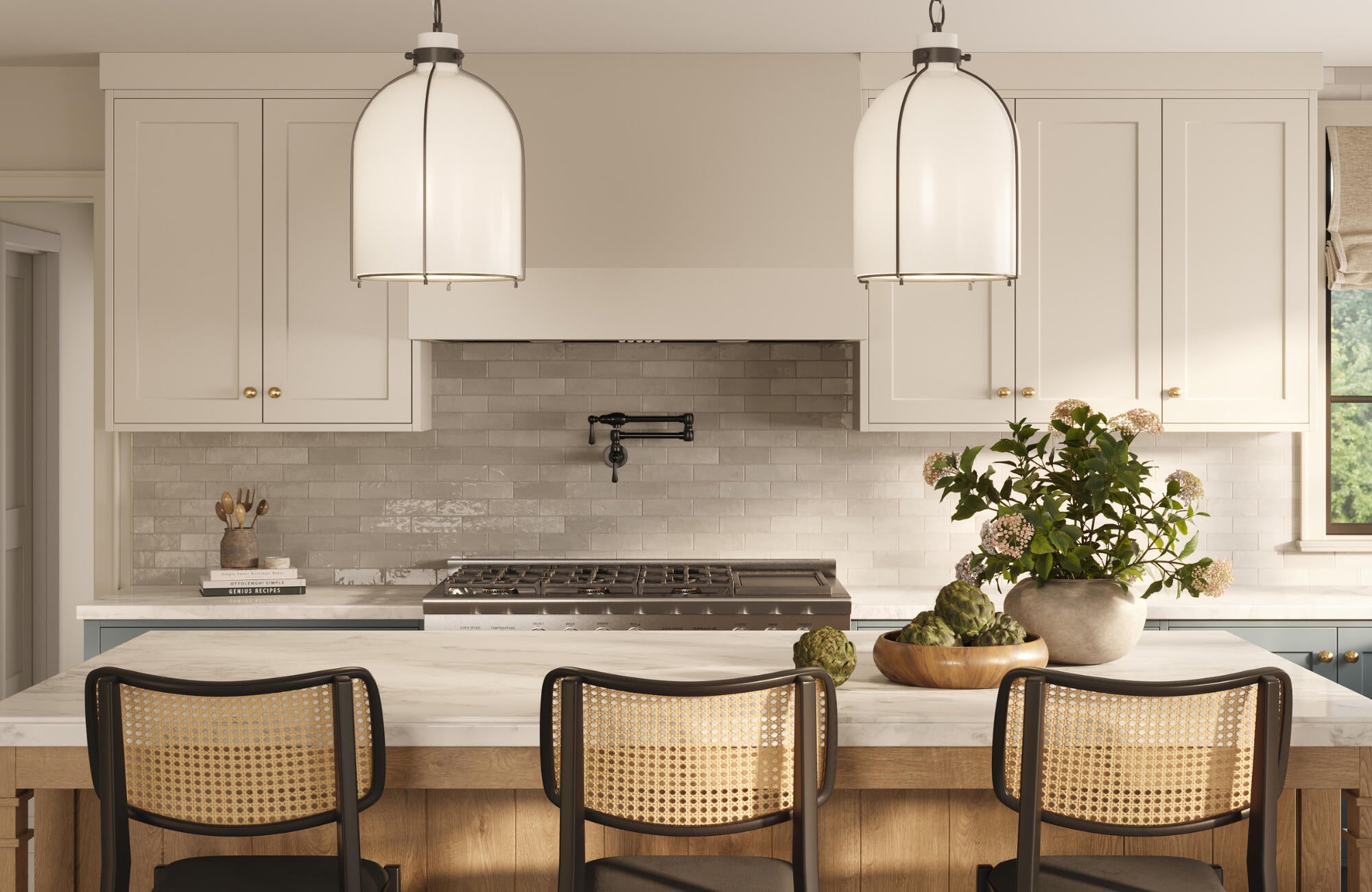Bright kitchen with white cabinets, marble countertops, gray subway tile backsplash, pendant lights, and a wood island with woven-back chairs.