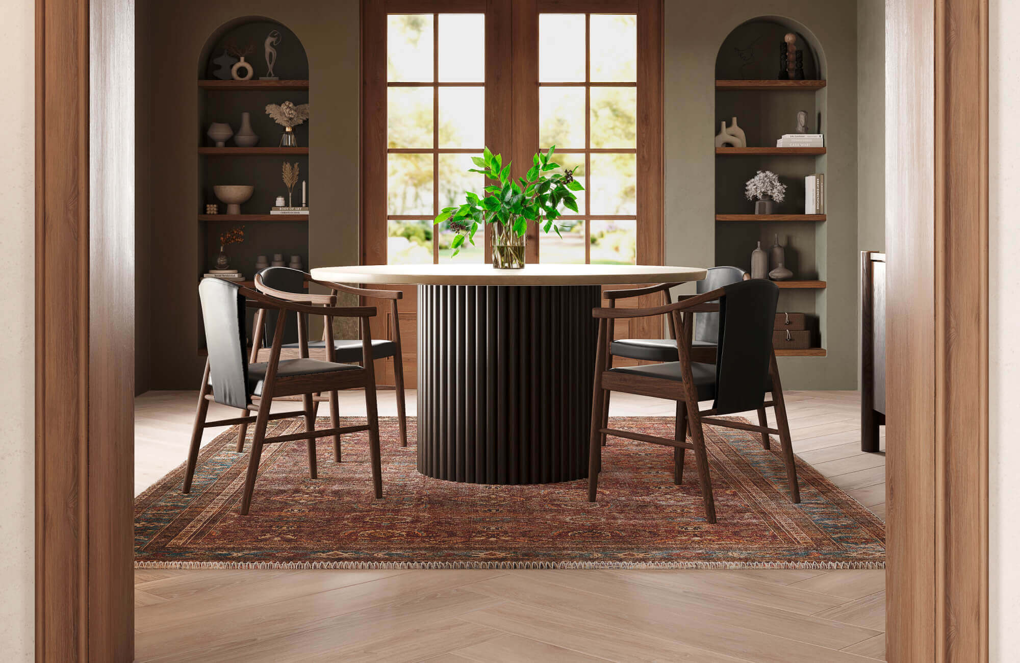 null Warm dining space featuring a round wood table with a fluted pedestal base and mid-century-style wooden chairs.