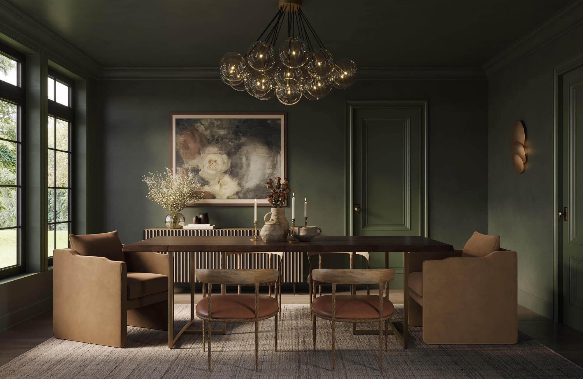 null Elegant dark-toned dining room with a long rectangular table, soft lighting, and contrasting textures and finishes.