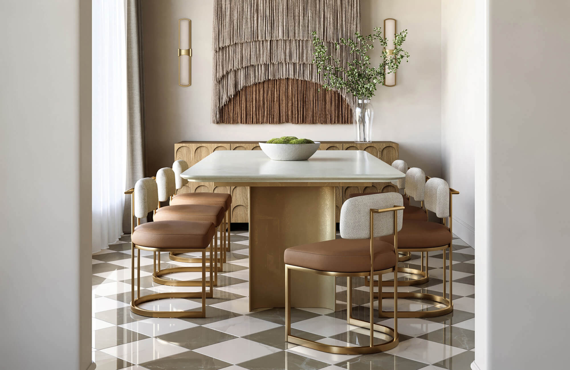 null Bright dining area with a rectangular marble-top table, gold accents, and modern chairs on a checkered tile floor.