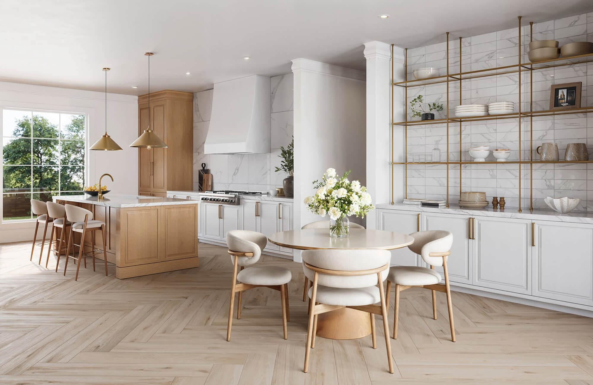 null Airy kitchen-dining setup with a round light wood table, curved chairs, and open shelving in a white and gold palette.