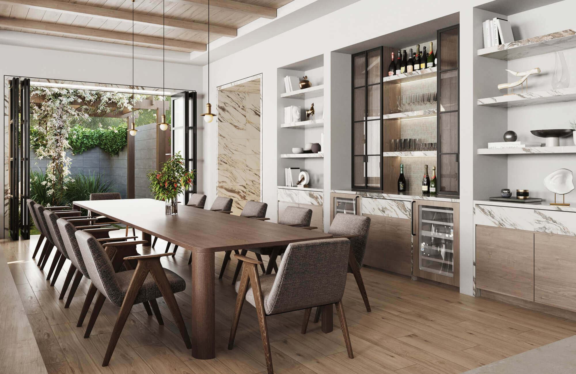 null Contemporary dining area with an extended wood table, gray upholstered chairs, and open shelving with marble accents.
