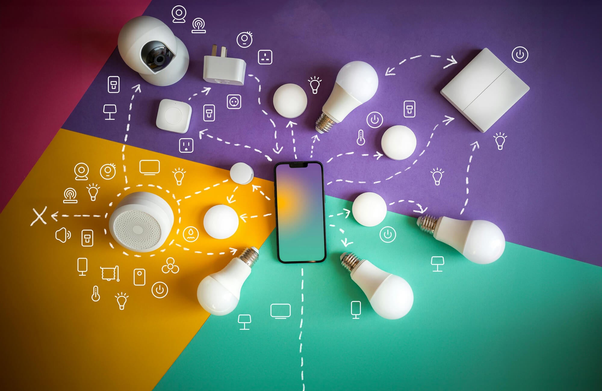 null Smart home lighting system concept showing bulbs, sensors, and devices connected to a smartphone with illustrated icons.