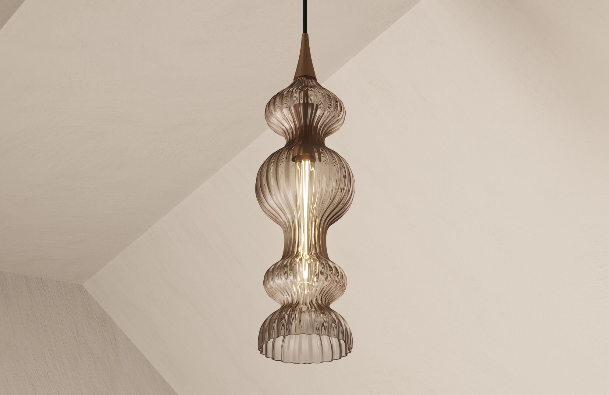 null Decorative hanging light fixture with textured glass and elegant curves, adding style and sophistication to interior spaces.