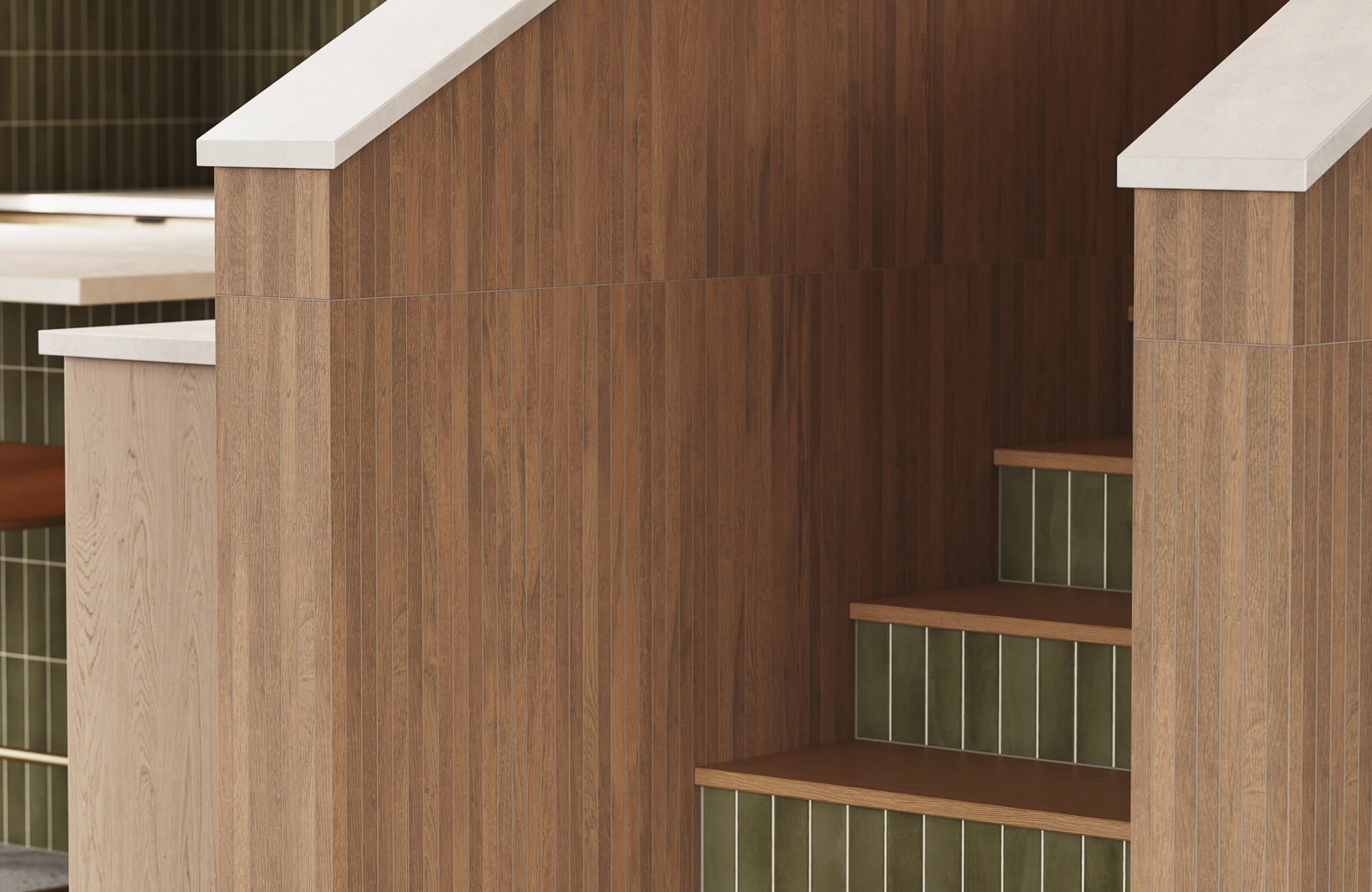 null Staircase wall clad in narrow vertical wood look tiles, paired with olive green tile risers, warm wood stair treads, and clean white slab caps.