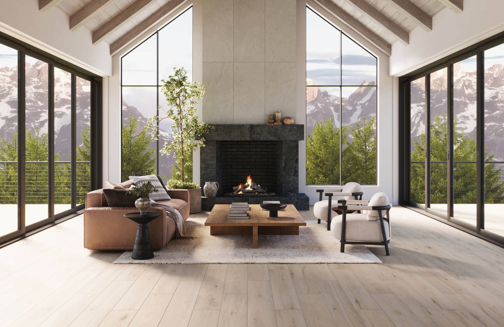 null Bright mountain living room with pale wood look tile flooring, vaulted wood beams, black-framed windows, a stone fireplace, and neutral lounge furniture.