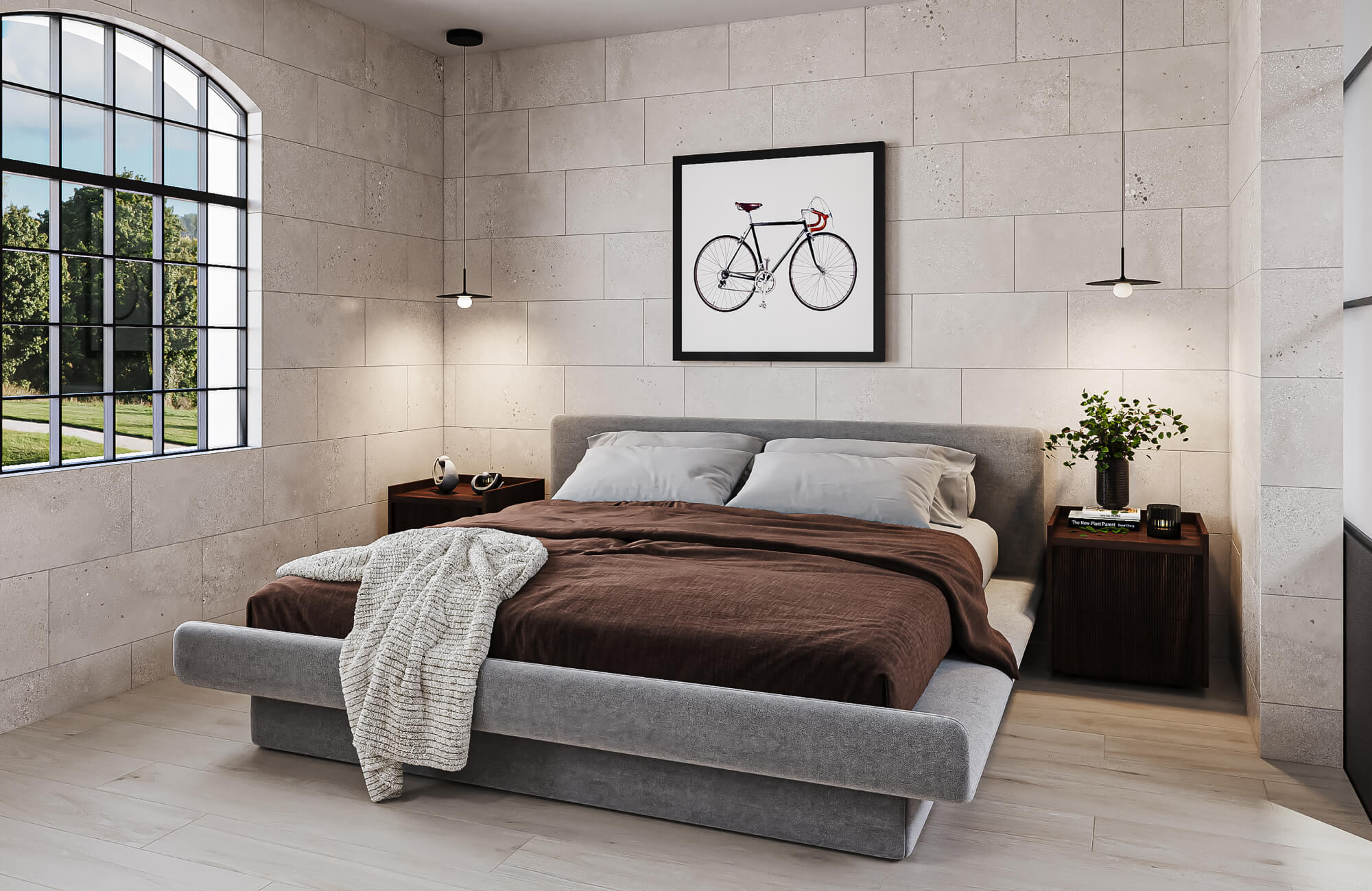 null Contemporary bedroom with light wood look tile flooring, textured stone-look wall tile, a low gray upholstered bed, dark wood nightstands, and black pendant lights.