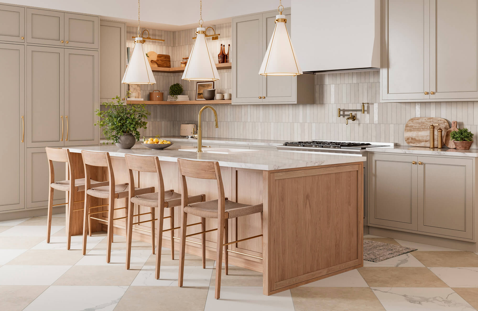 Neutral checkerboard kitchen floor tiles featuring Leona 24x24 checkerboard matte porcelain tile in Calacatta and Marfil, showcasing a warm beige and white checkerboard tile pattern in a modern kitchen design.