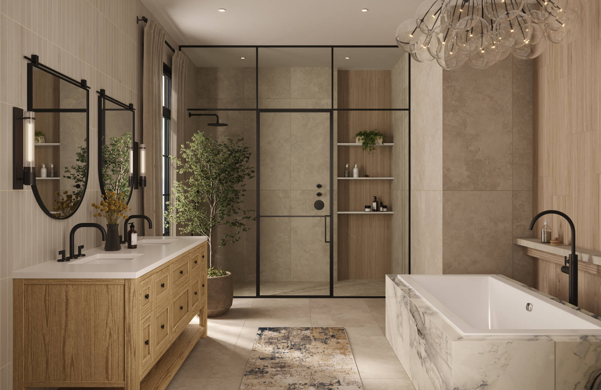 null A luxurious bathroom renovation featuring a warm, neutral color palette of beige stone, light wood, and soft taupe accented by matte-black fixtures, marble textures, and abundant natural greenery for a serene, spa-like atmosphere.