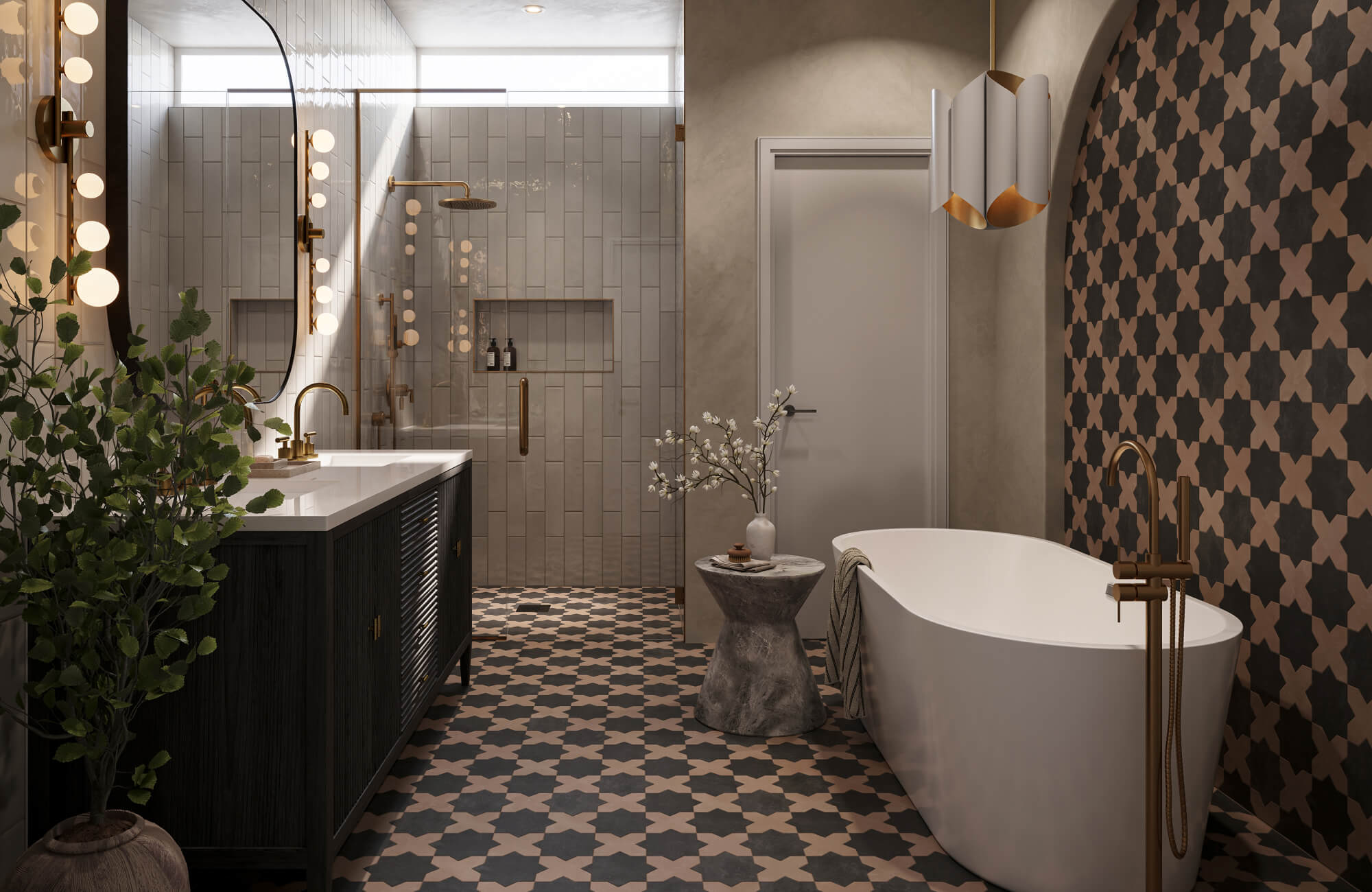 null A dramatic bathroom renovation featuring deep charcoal and warm taupe tones, bold geometric tile patterns, brass accents, and soft ambient lighting that creates a rich, moody, boutique-hotel atmosphere.