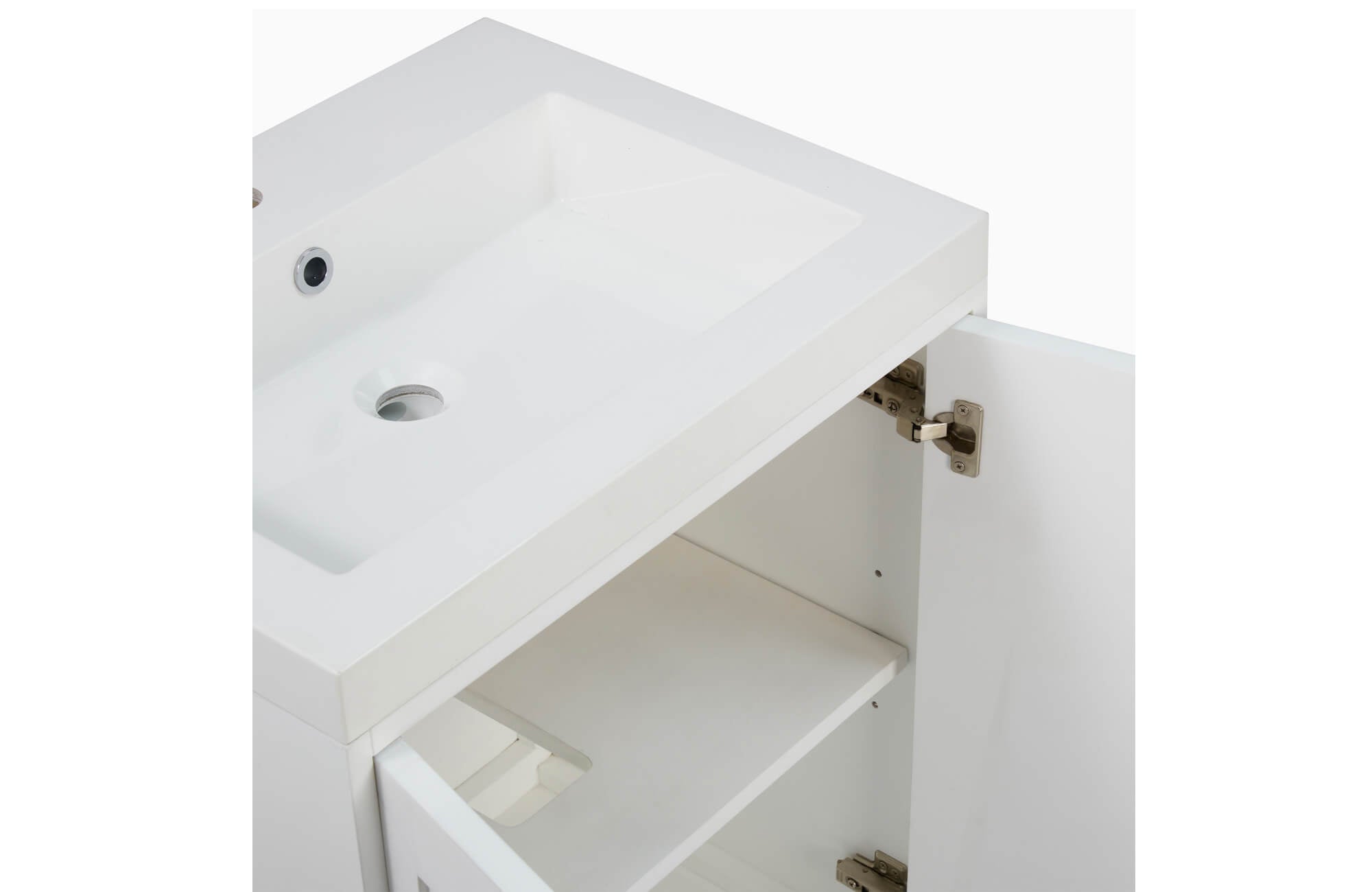 null Compact white vanity unit with integrated sink and open cabinet storage, ideal for modern, space-saving bathrooms.