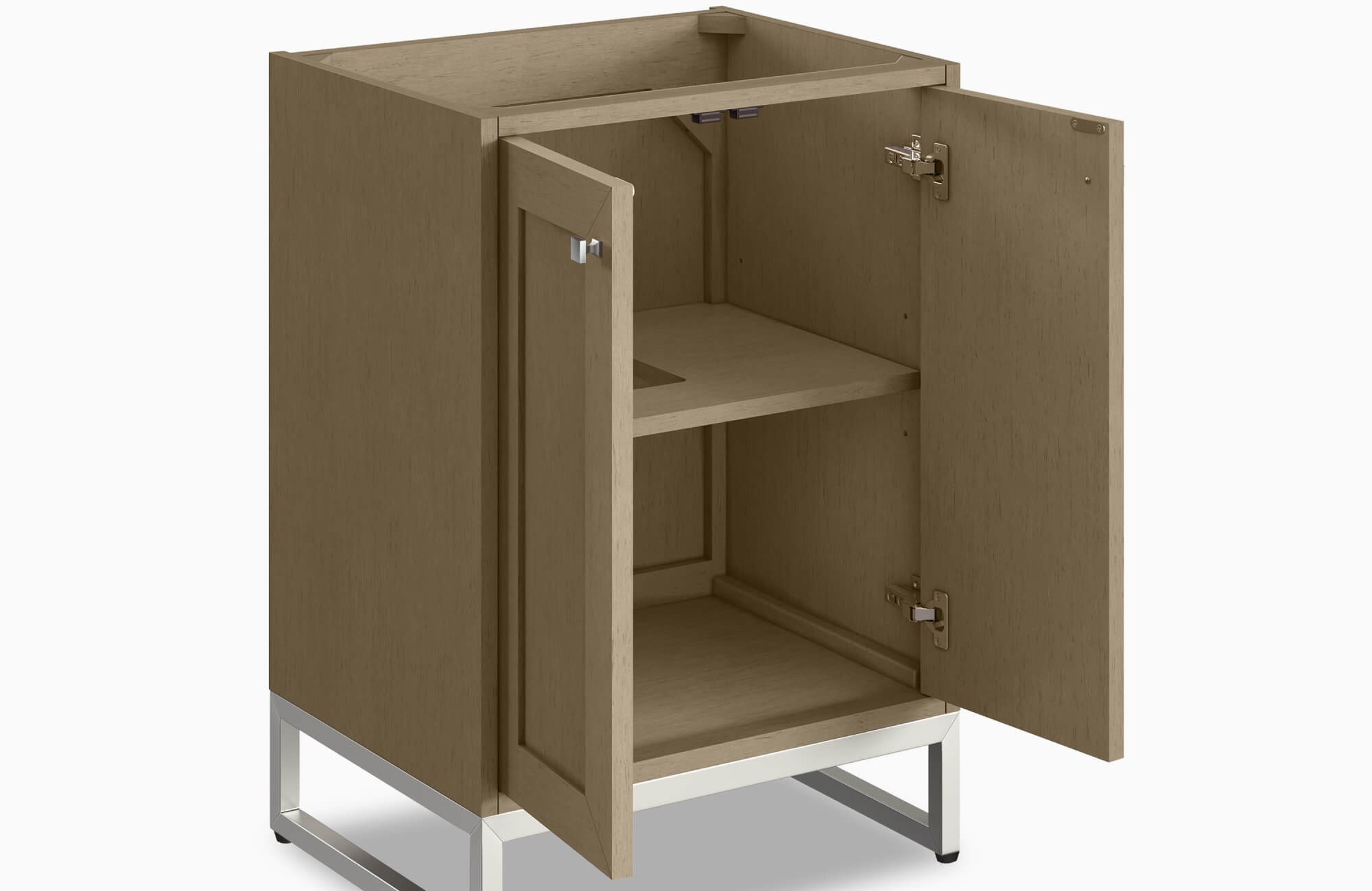 null Natural wood vanity base with open double doors, interior shelving, and sleek metal legs for a modern rustic finish.