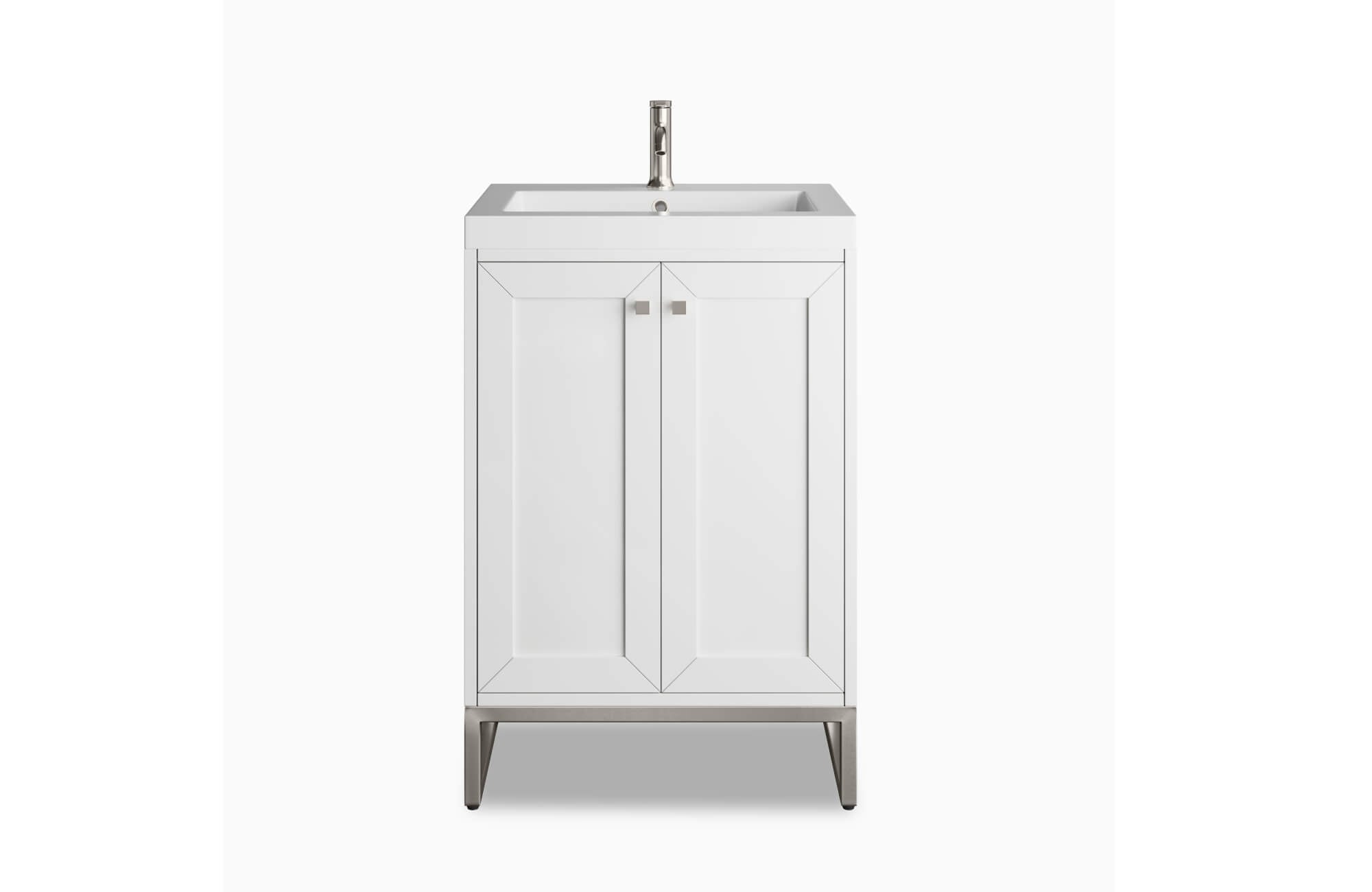 null Sleek white vanity with paneled double doors, integrated sink, and brushed metal legs for a clean, contemporary look.