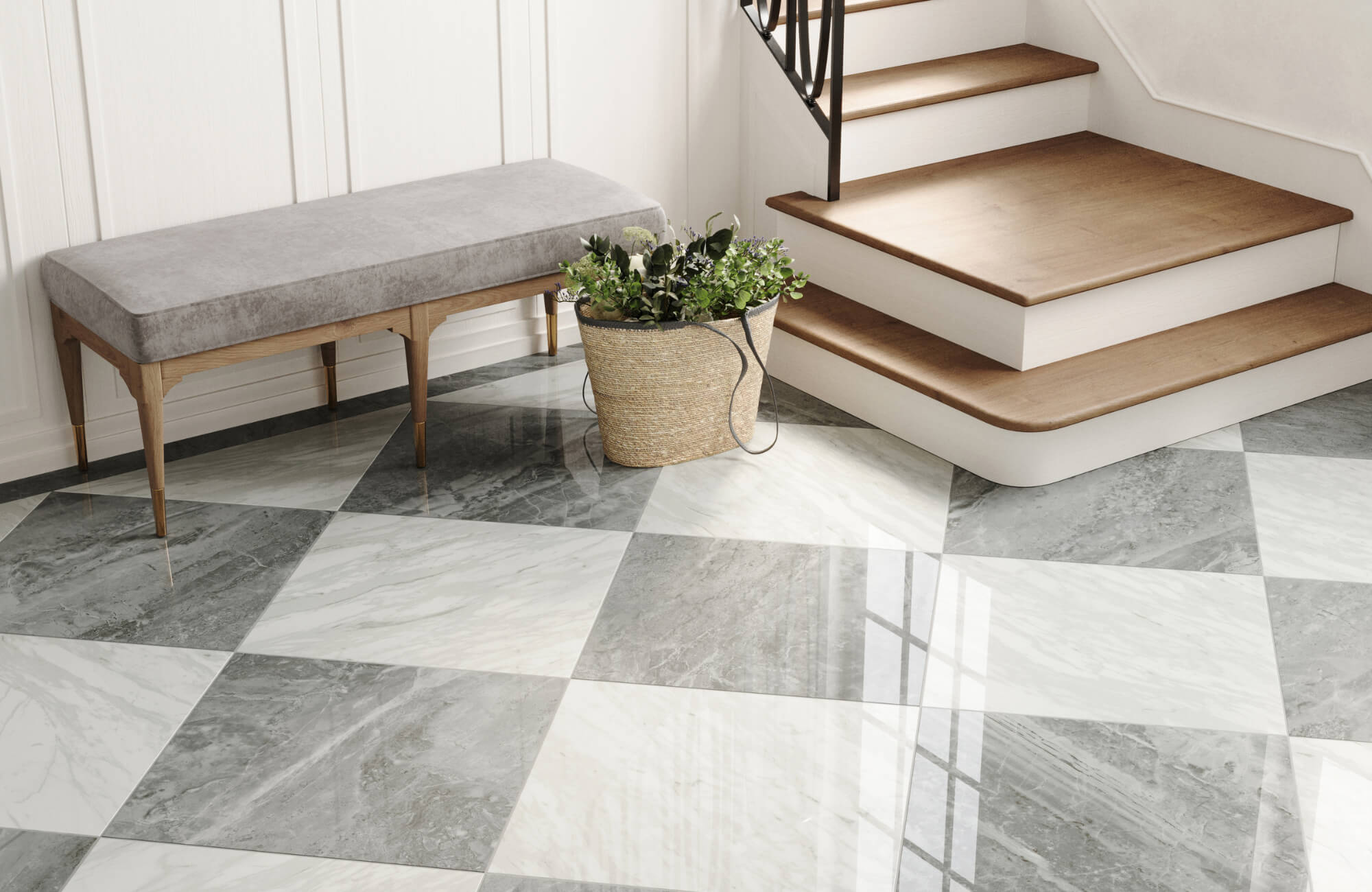 null Elegant entryway with large marble-look gray and white checkerboard tile flooring, wooden stairs, a bench, and a woven planter with greenery.