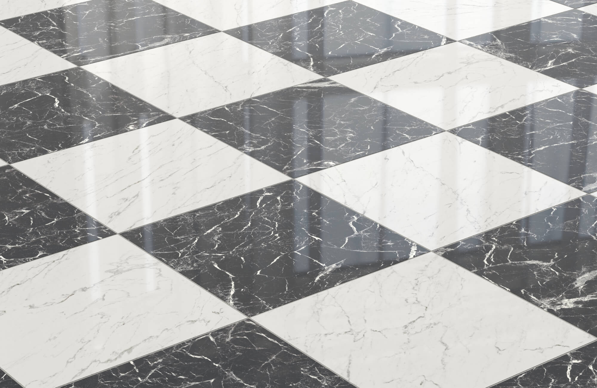 null Close-up view of polished black and white marble-look checkerboard tile flooring laid diagonally, reflecting natural light through windows.
