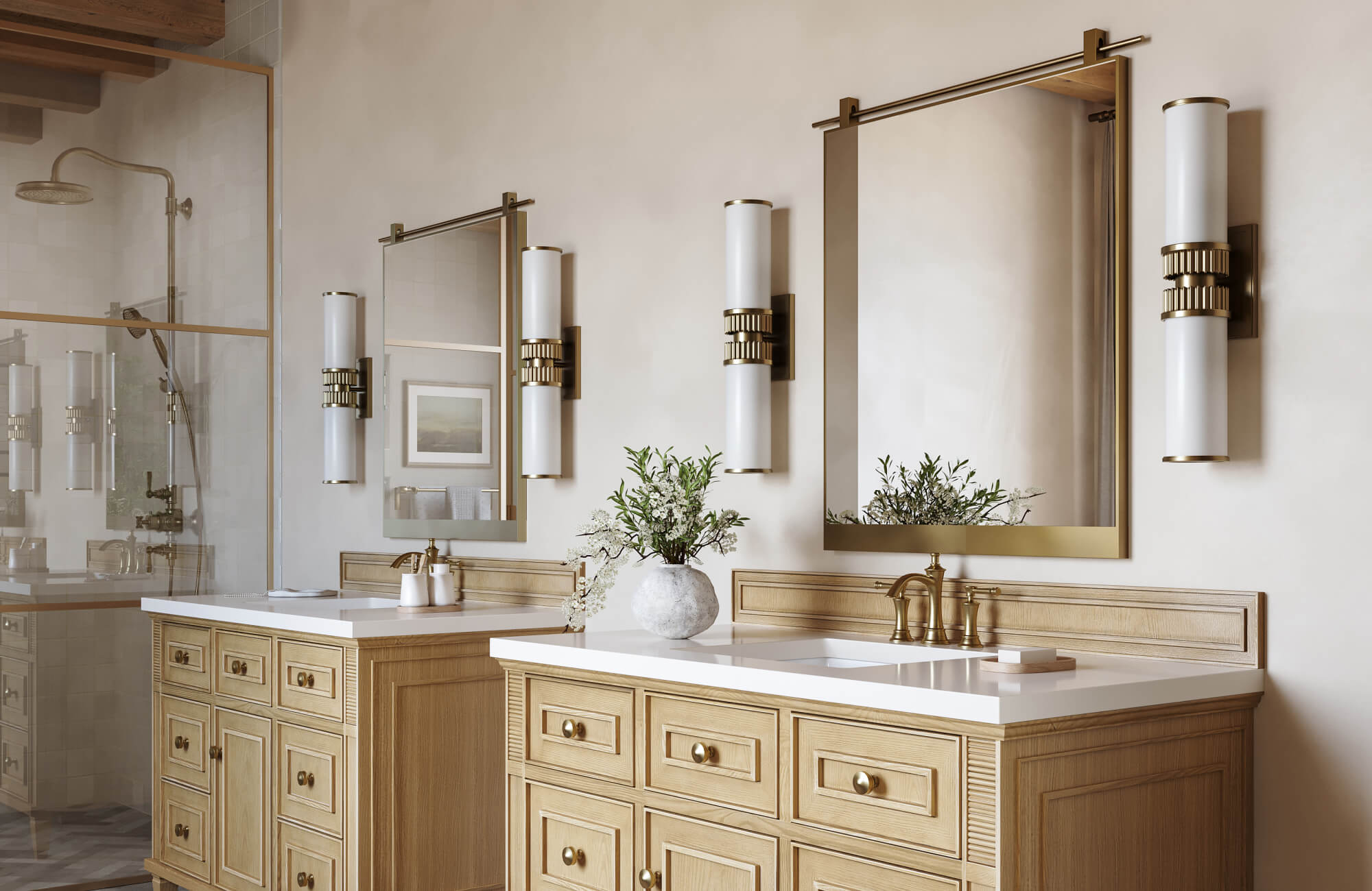 null Classic bathroom with twin wood vanities, brushed brass fixtures, rectangular mirrors, and cylindrical double sconces for a timeless look.