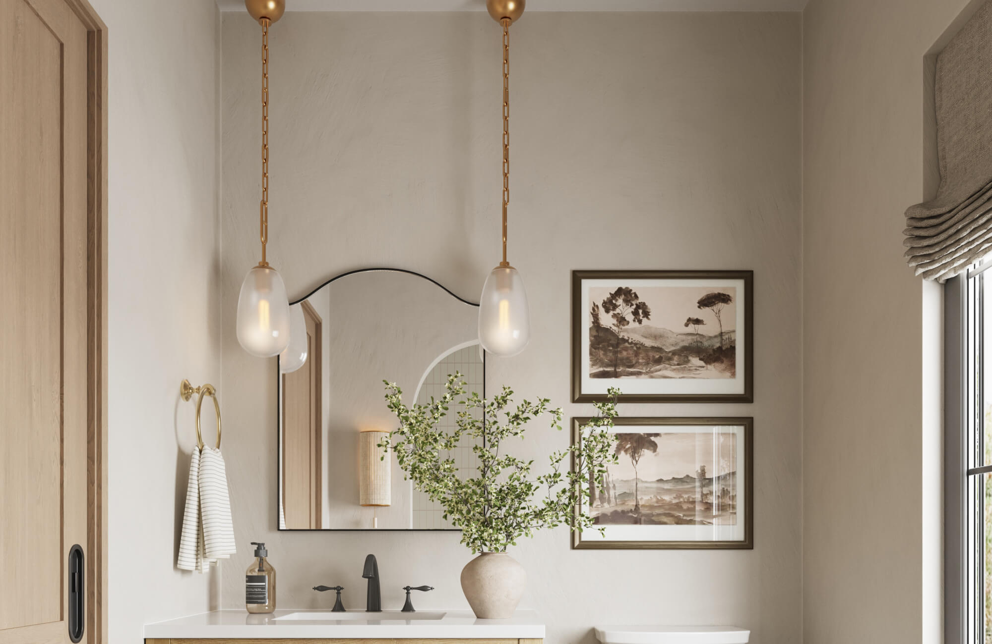 null Cozy bathroom with soft taupe walls, arched mirror, matte black fixtures, glass pendant lights, and nature-inspired artwork.