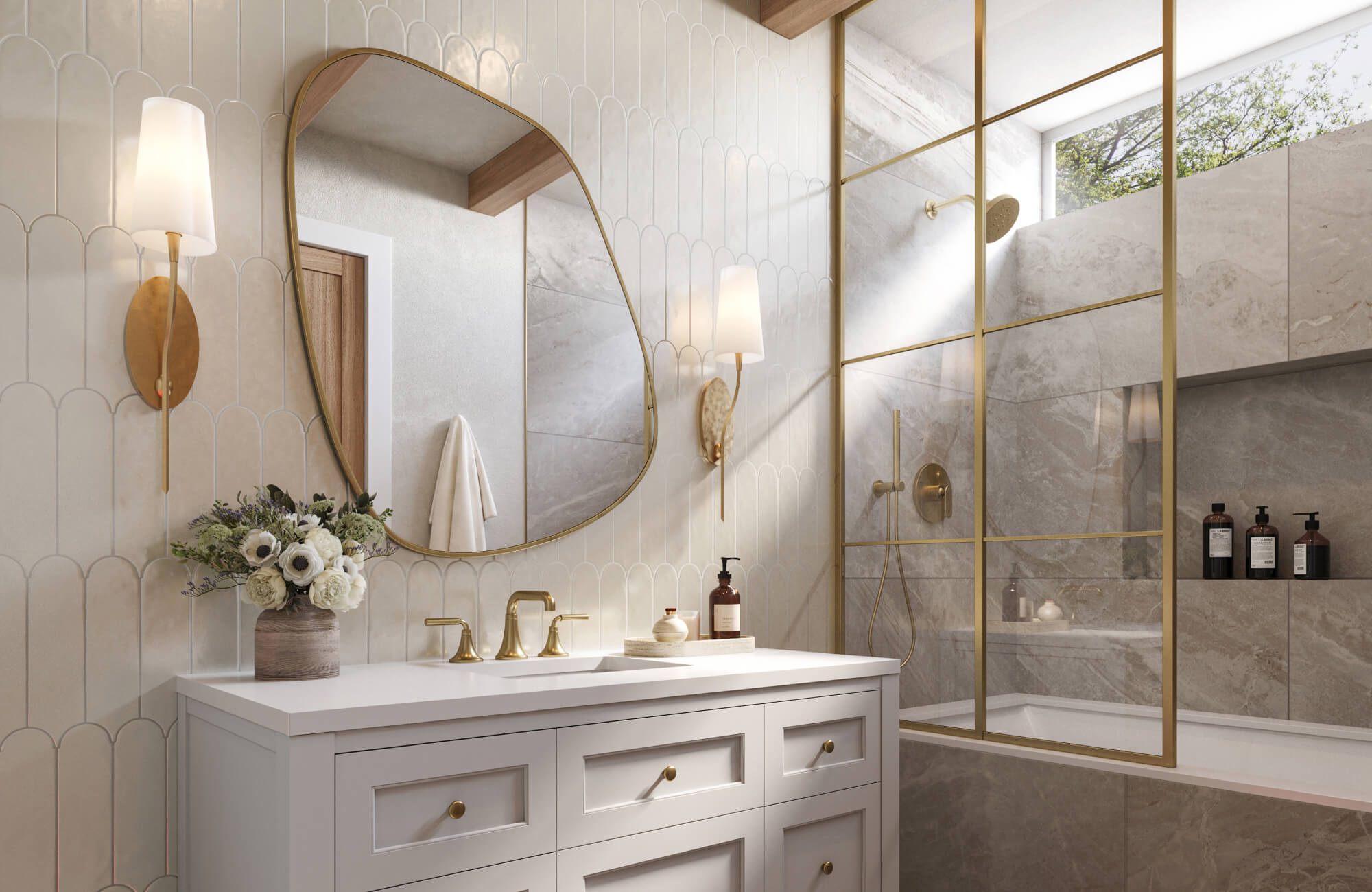 null Elegant bathroom with scalloped ivory wall tiles, soft gold fixtures, asymmetrical mirror, and white-shaded brass sconces.