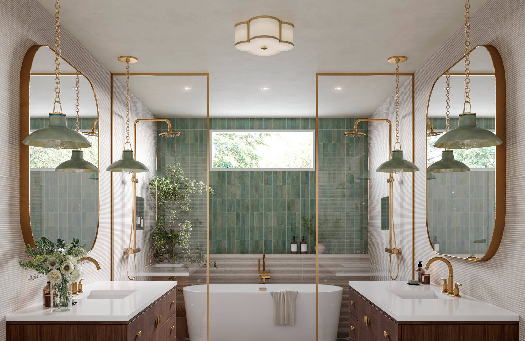 null Luxe bathroom with vertical green zellige tiles, square mirrors framed in brass, dual vanities, and vintage-style green pendants.
