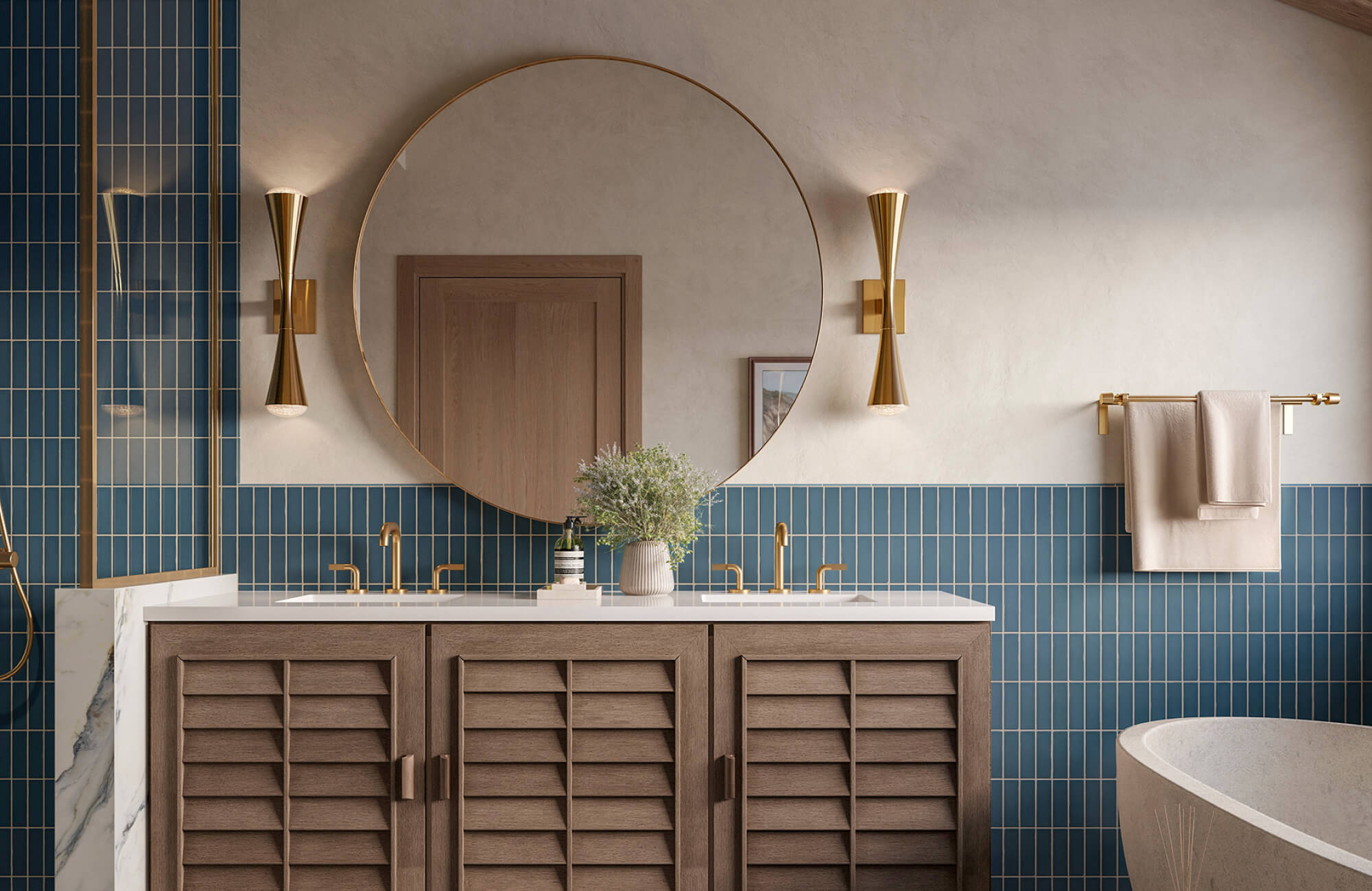 null Modern bathroom with vertical blue subway tiles, louvered wood vanity, large round mirror, and sculptural brass cone sconces.