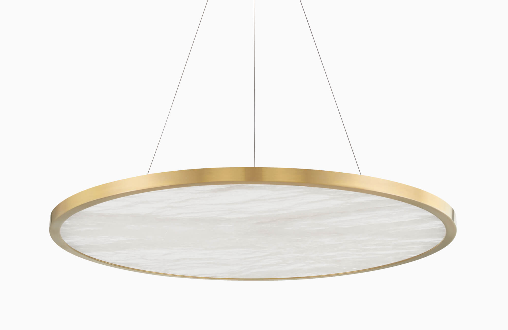 null Minimalist chandelier featuring a circular design with a brushed gold frame and a smooth alabaster diffuser, suspended by thin cables for a sleek, contemporary look.