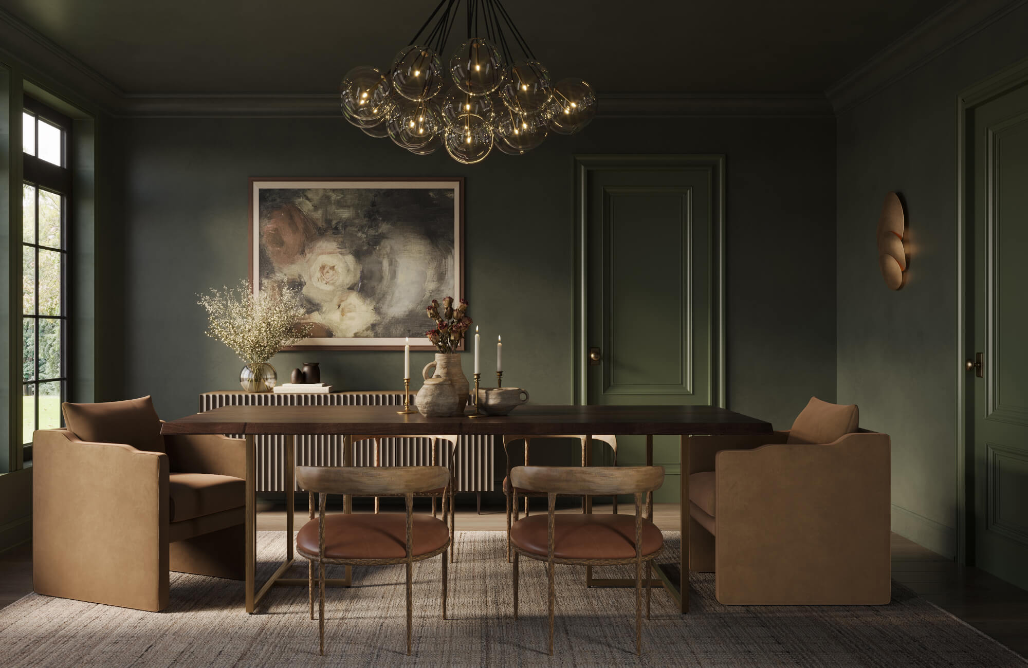 null Sophisticated dining room featuring a cluster chandelier with smoky glass globes suspended above a dark wooden table, complemented by warm leather seating and deep green paneled walls for a refined, moody ambiance.
