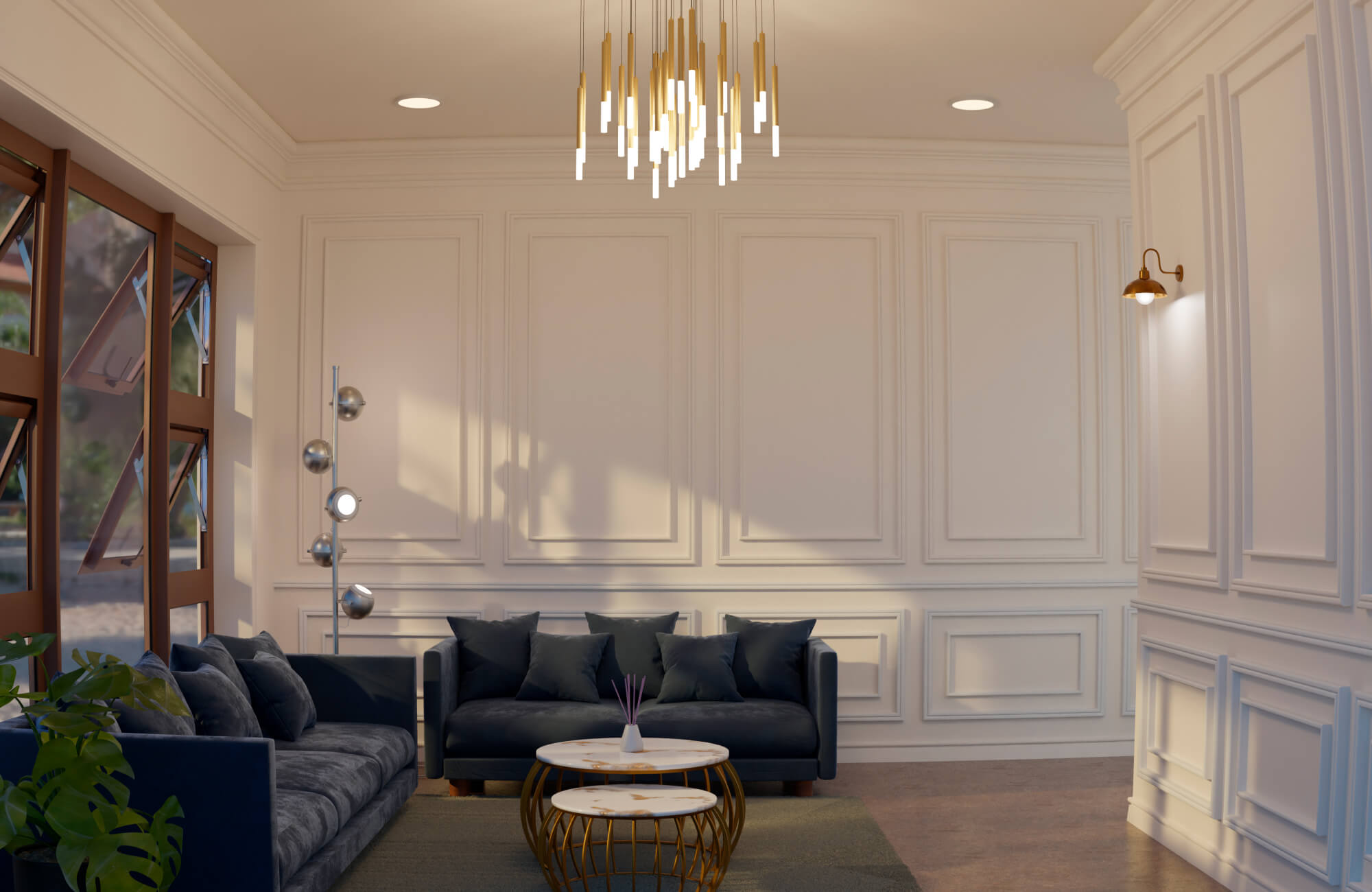 null Contemporary living room featuring a cascading gold and white pendant chandelier, paired with deep navy sofas, marble-topped coffee tables, and elegant white wall paneling that enhances the room’s refined sophistication.