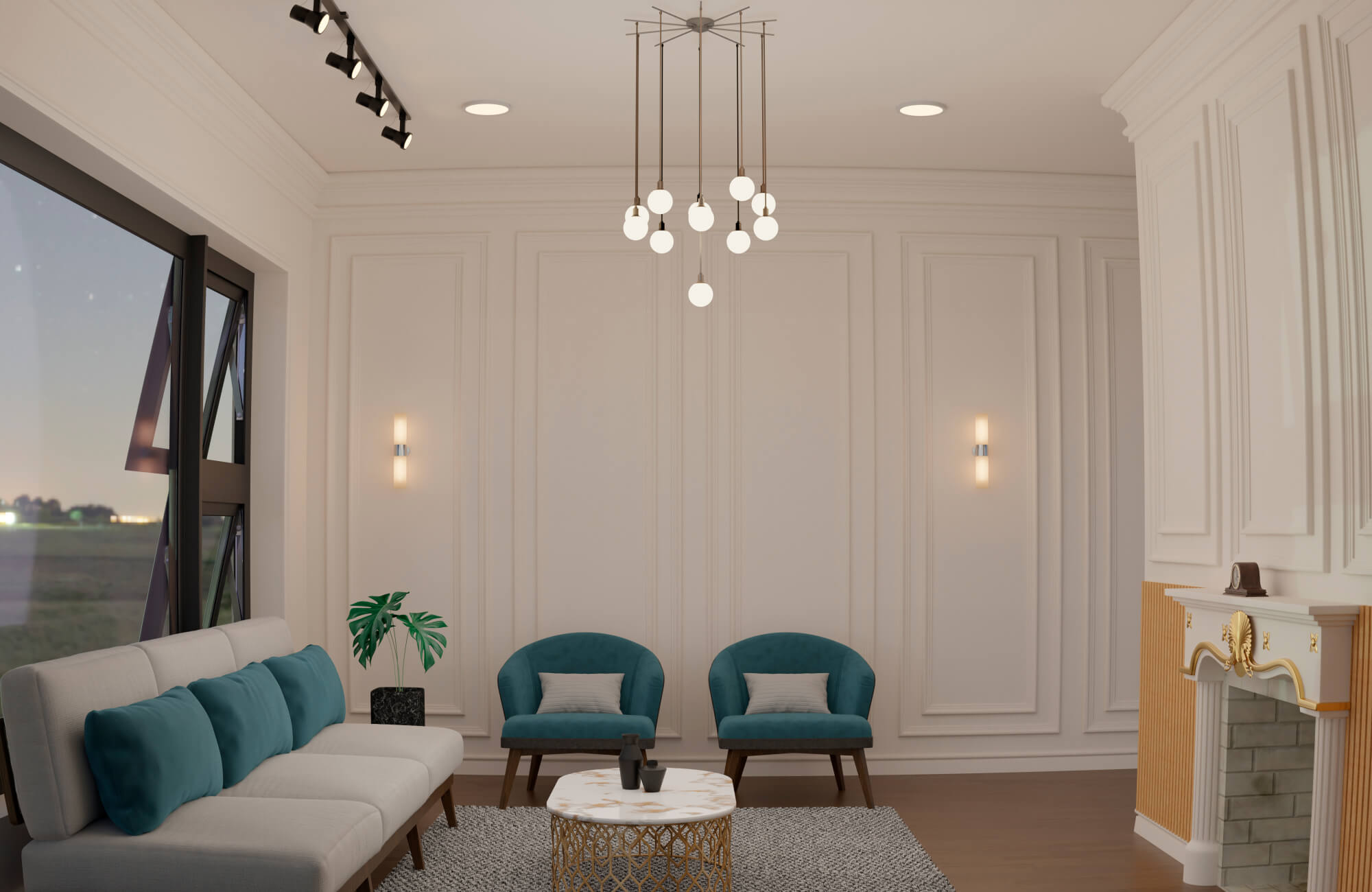 null Stylish living room featuring a modern chandelier with suspended globe lights, paired with teal accent chairs, a light sofa, and classic wall paneling that creates a bright, inviting atmosphere.