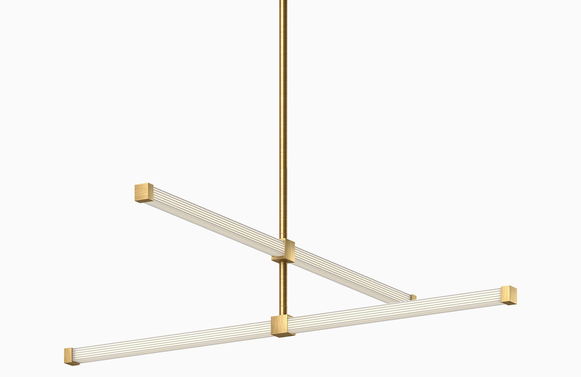 null Contemporary chandelier with intersecting linear light bars in a brushed gold finish, showcasing a sleek and geometric design ideal for modern interiors.