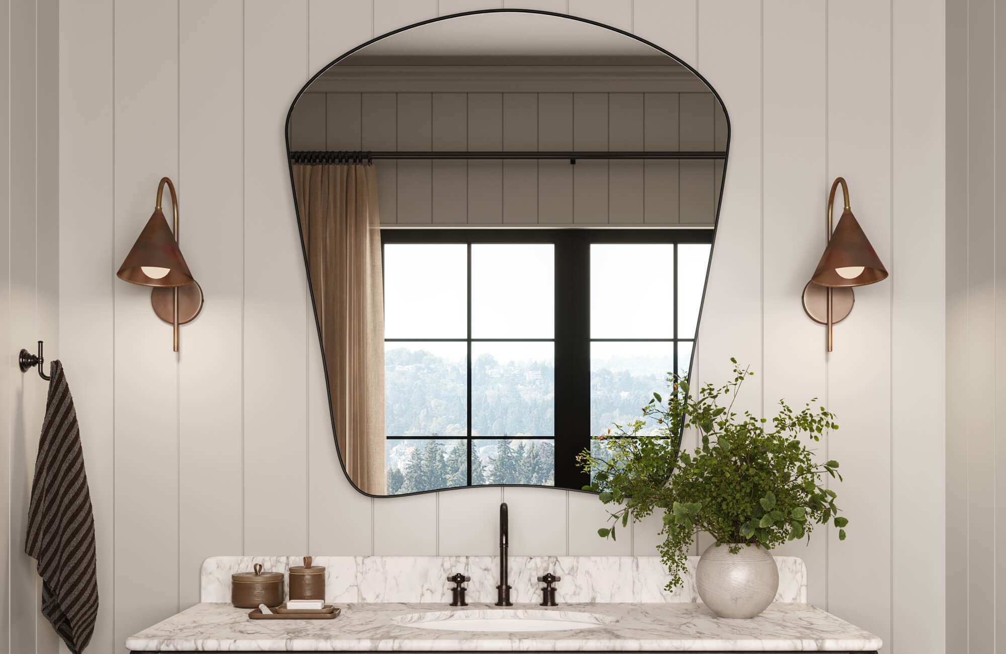 Modern rustic bathroom with vertical shiplap walls, arched mirror, marble vanity, and cone-shaped bronze sconces.