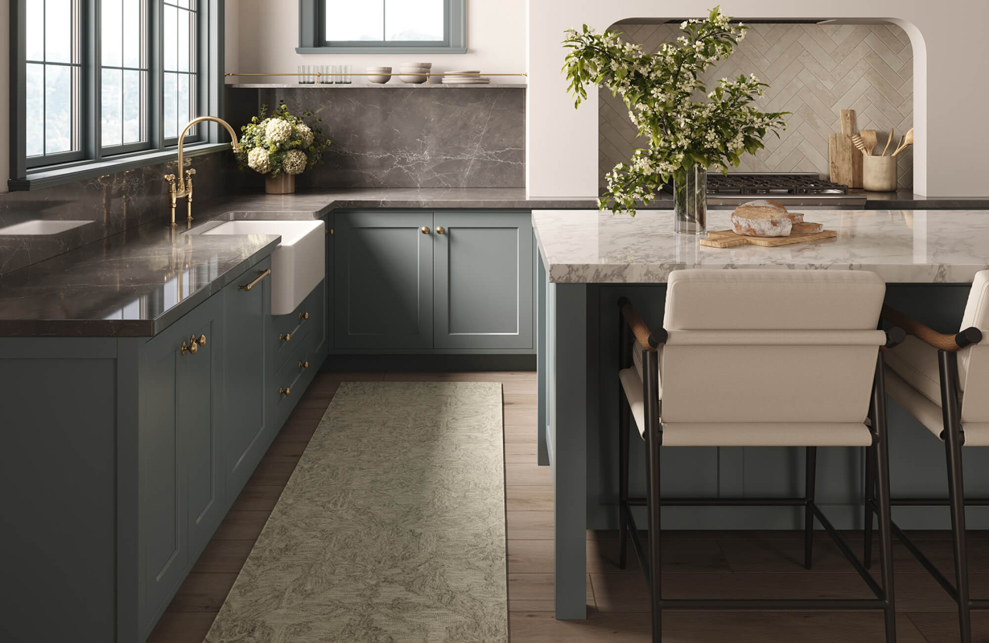 null Kitchen interior with wood flooring and a long protective rug placed near the sink and preparation area to help reduce moisture exposure and surface wear.