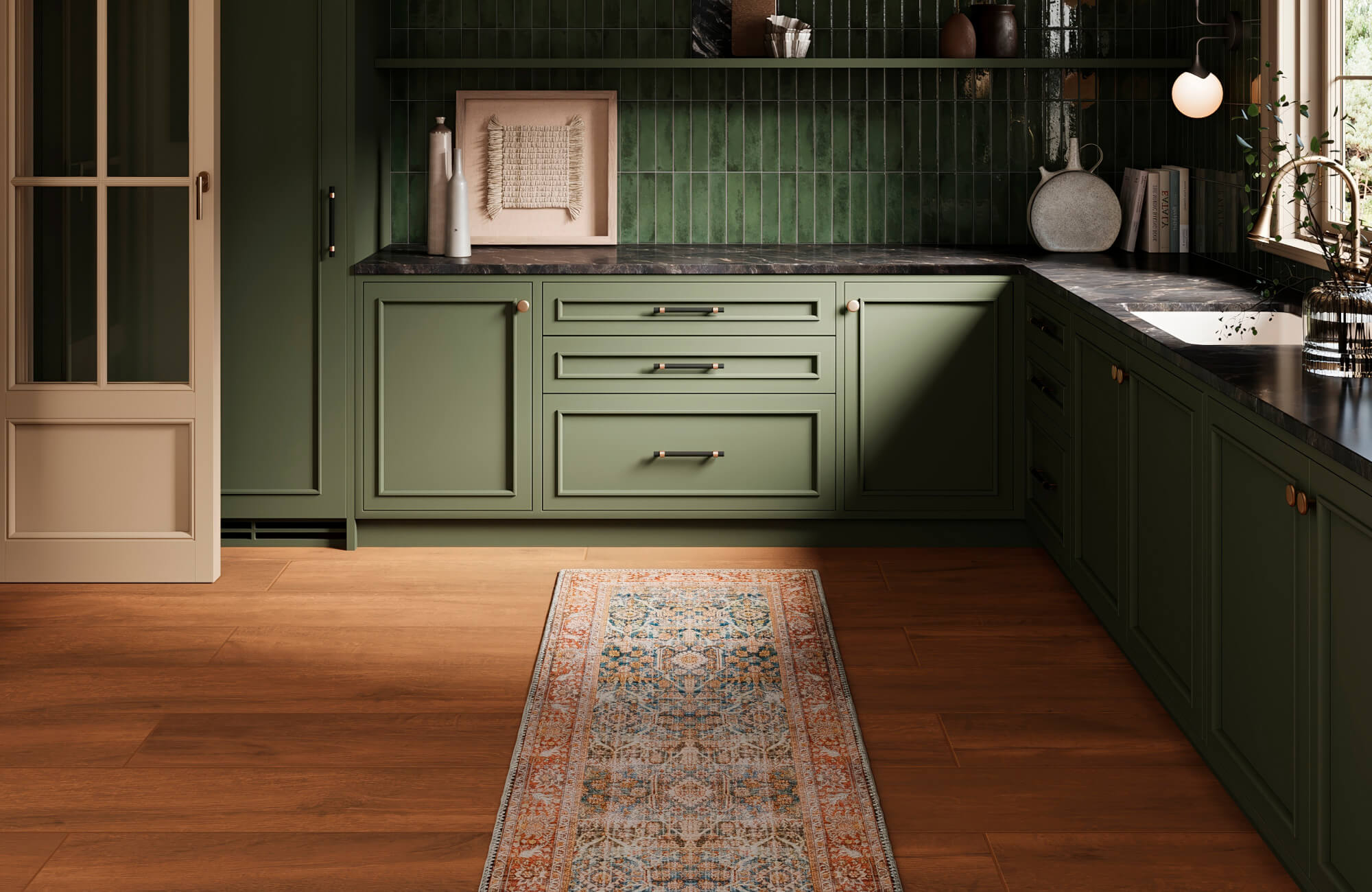 null Kitchen with warm wood-look flooring and a decorative runner rug protecting the surface from foot movement and everyday kitchen activity.