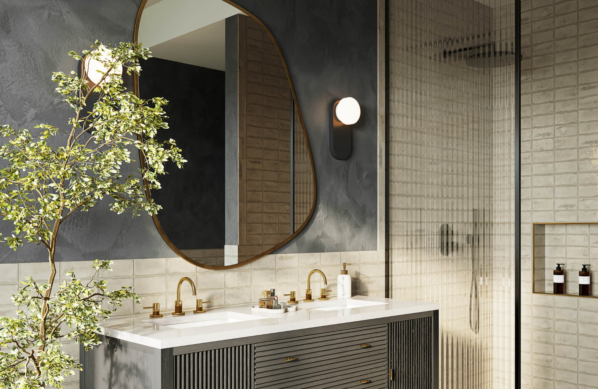 Contemporary bathroom featuring a brass-framed mirror and greenery, demonstrating softened reflections and warm light diffusion.