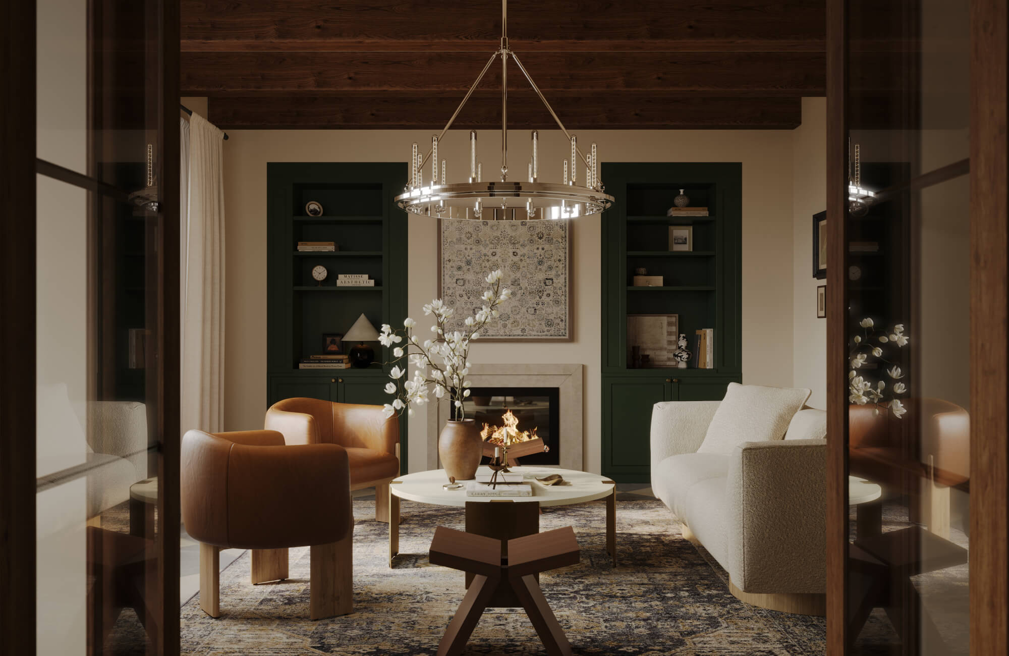 Large framed artwork centered above a fireplace between dark green built-ins, using balanced proportions to scale wall art against tall ceilings and architectural symmetry.