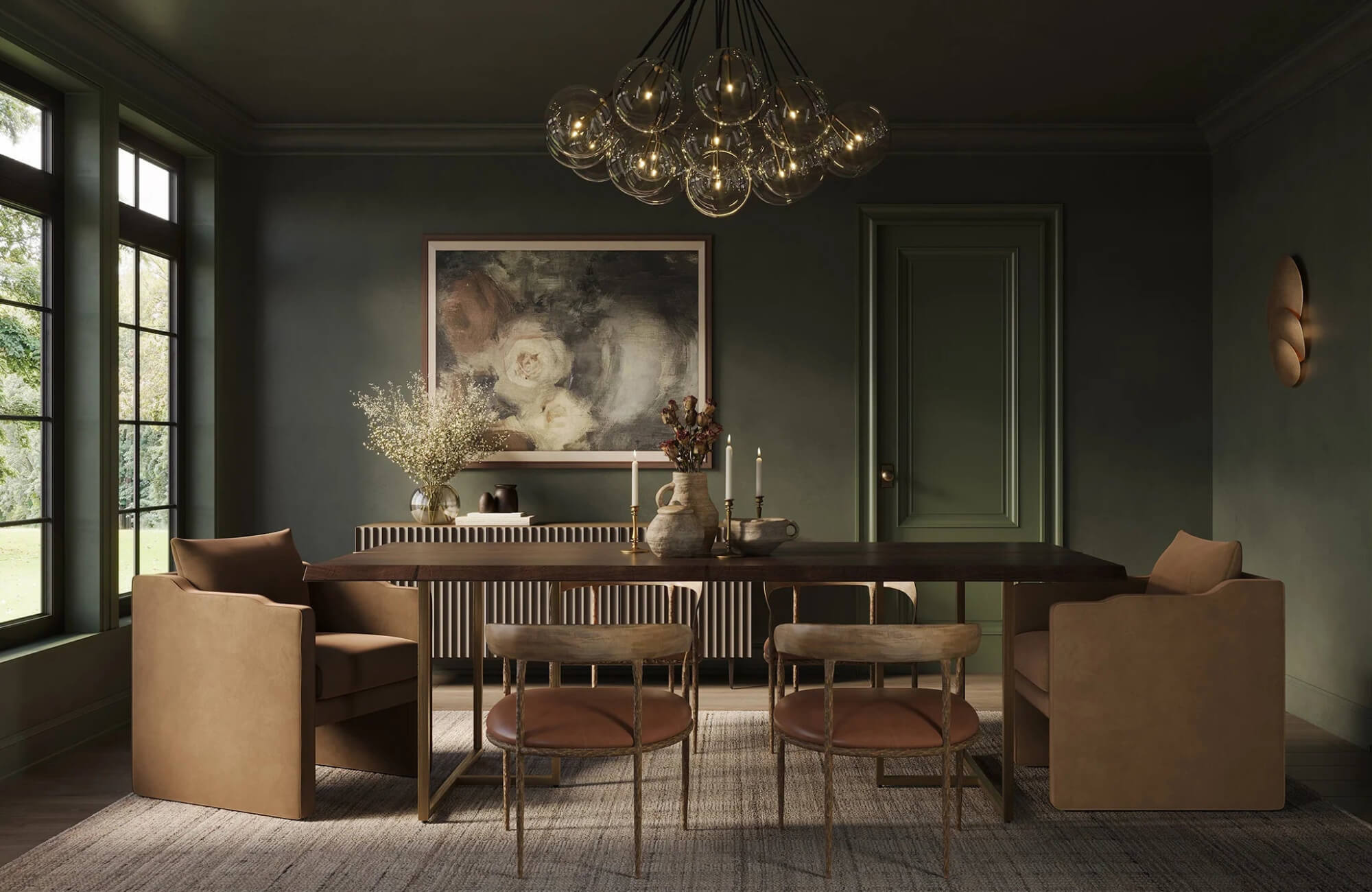 Moody dining room with a long wooden table, sculptural lighting, layered textures, and earthy decor creating an inviting everyday setting.